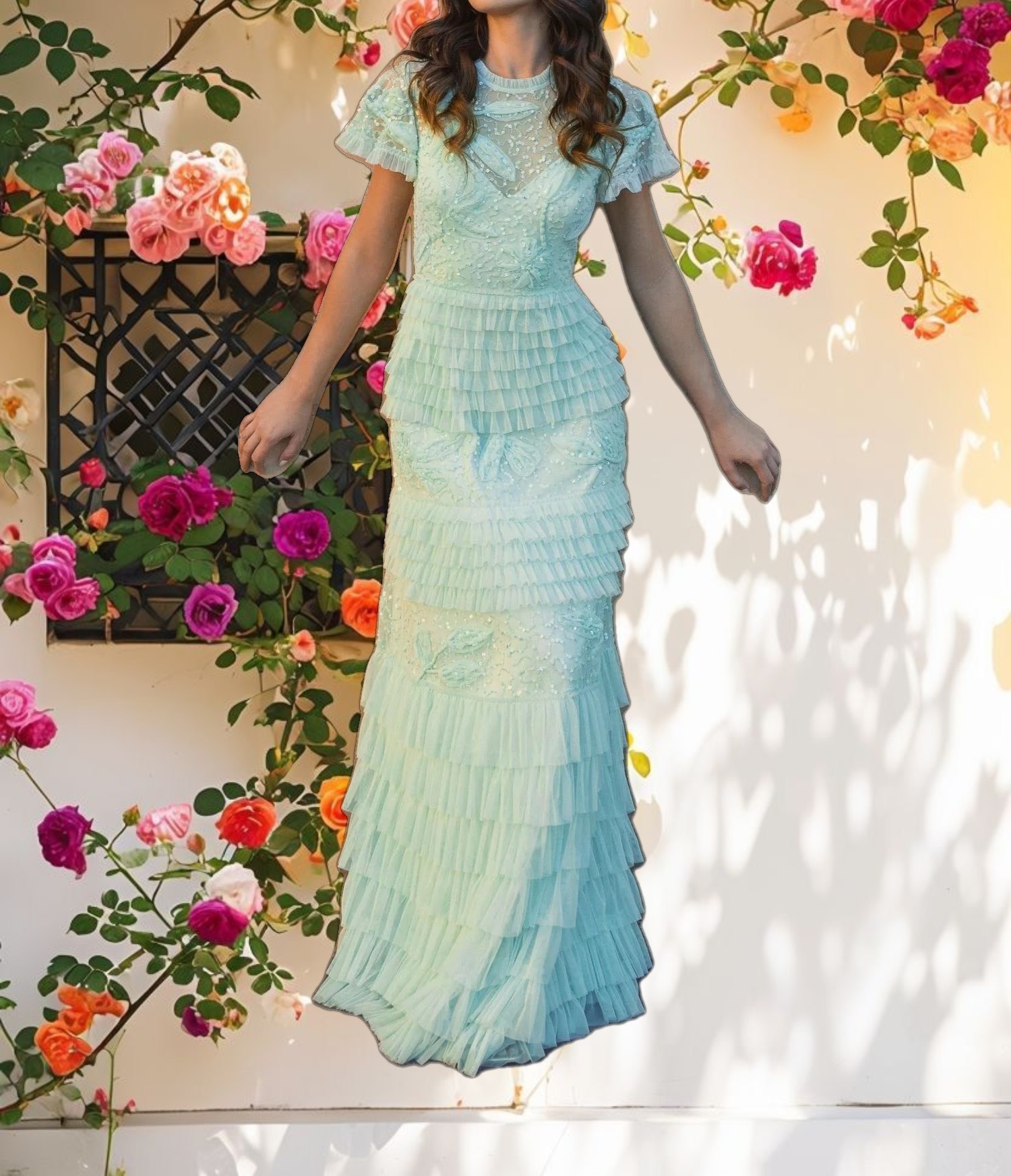 Green Beaded Mesh High Neck Micro Ruffle Gown