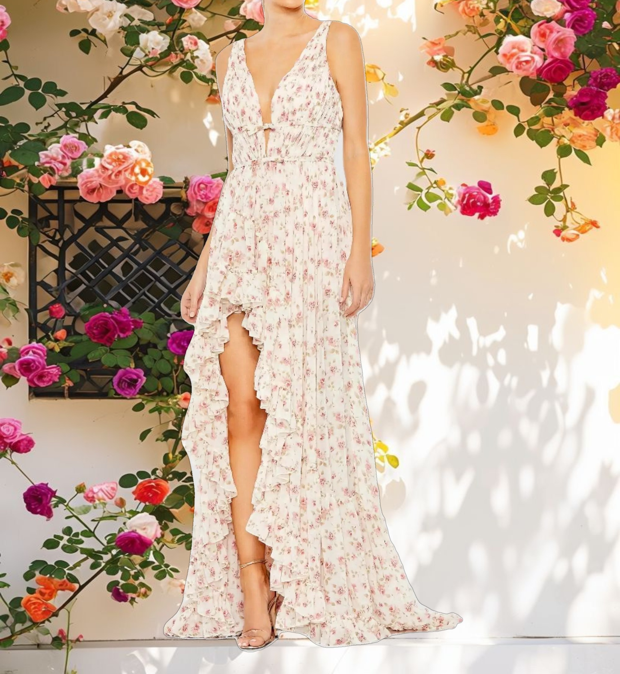 Pink and White Multicolor Floral Print Sleeveless Ruffled High Low Gown