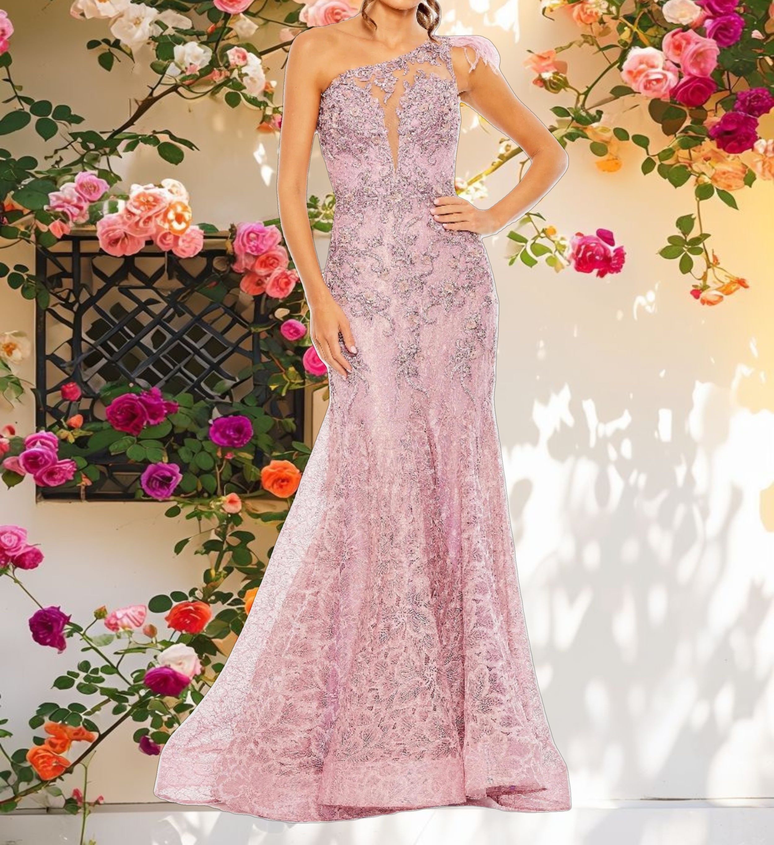 Pink Embroidered Applique Feathered One Shoulder Trumpet Gown