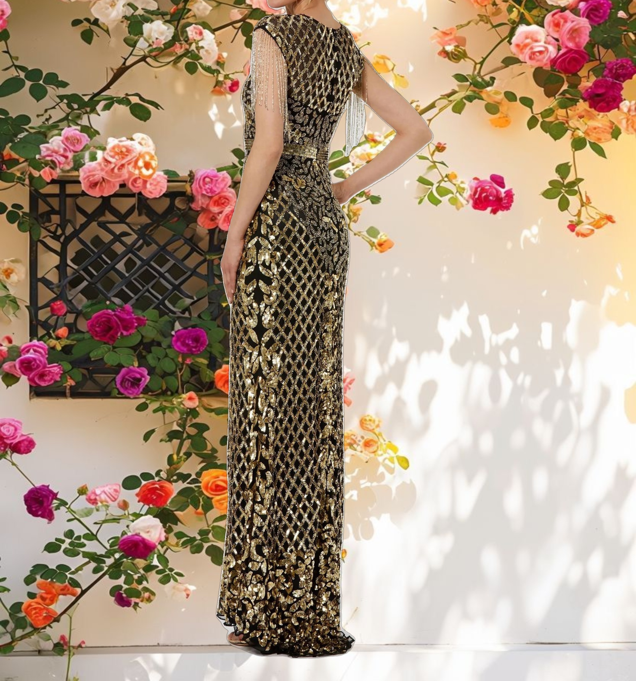 Black High Neck Sleeveless Beaded Fringe Fitted Gown