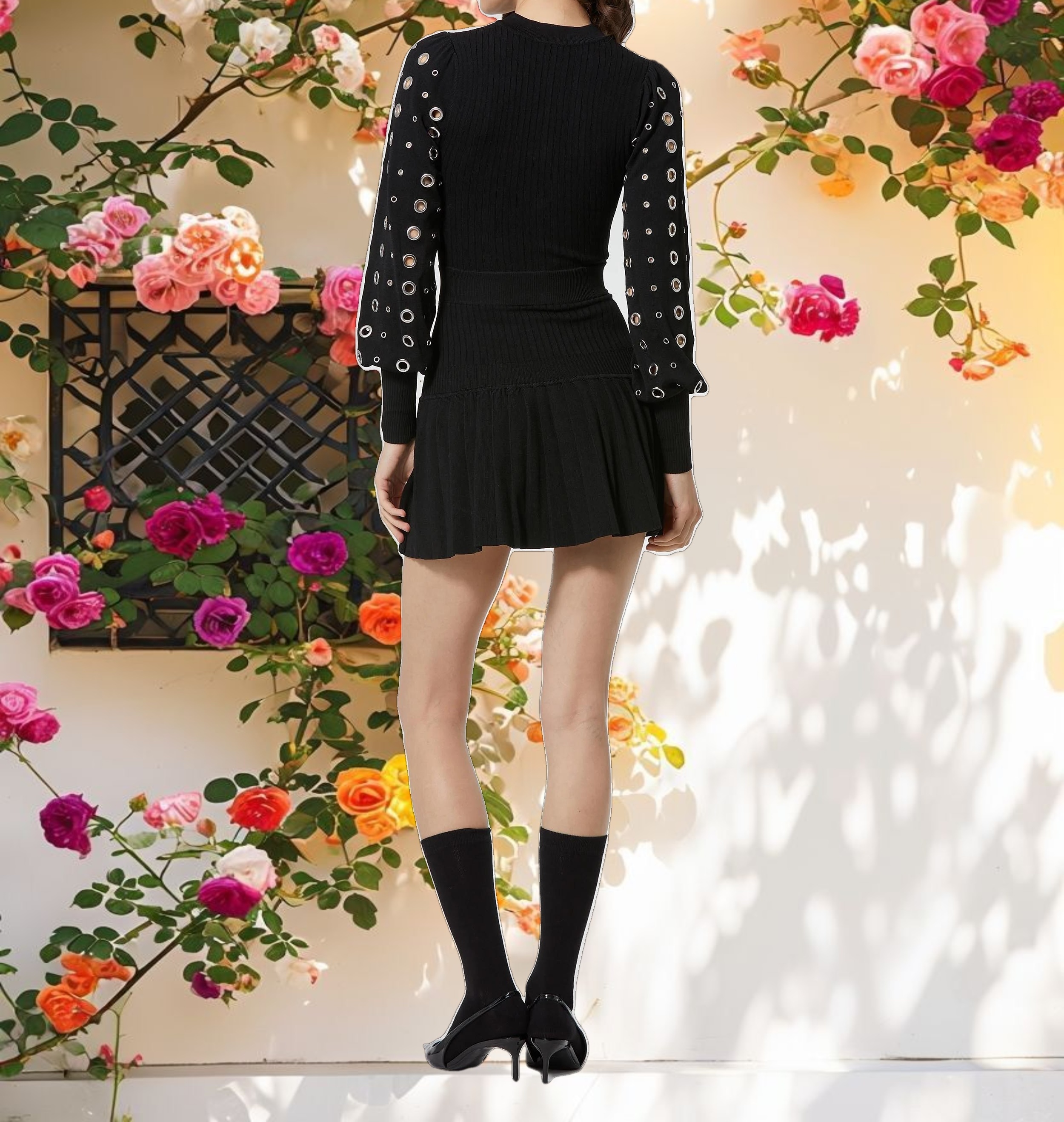 Black Knit Long Sleeve Grommet Mini Dress