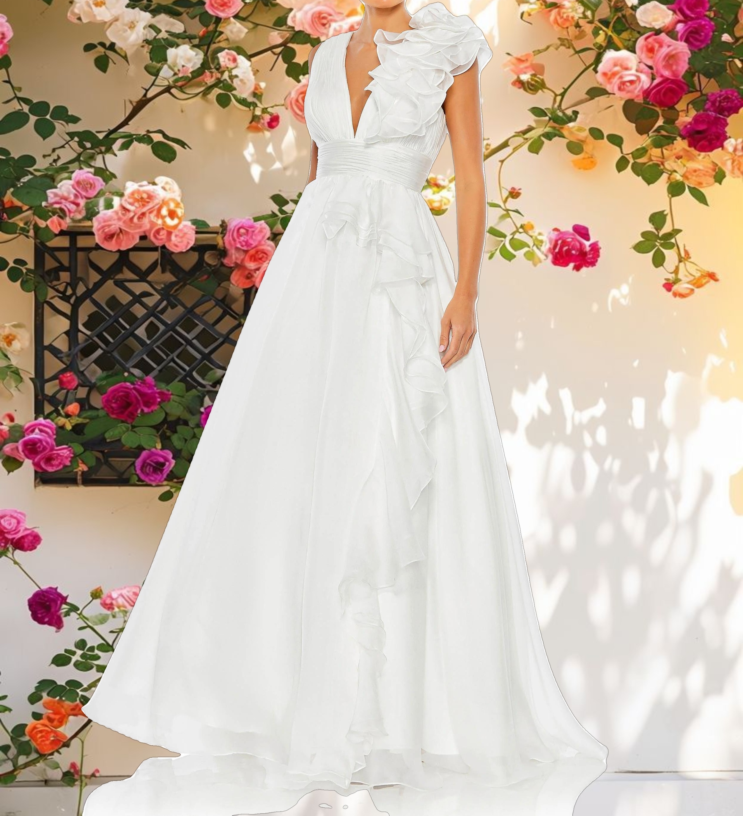 White Ruffle Shoulder V-Neck Chiffon Gown