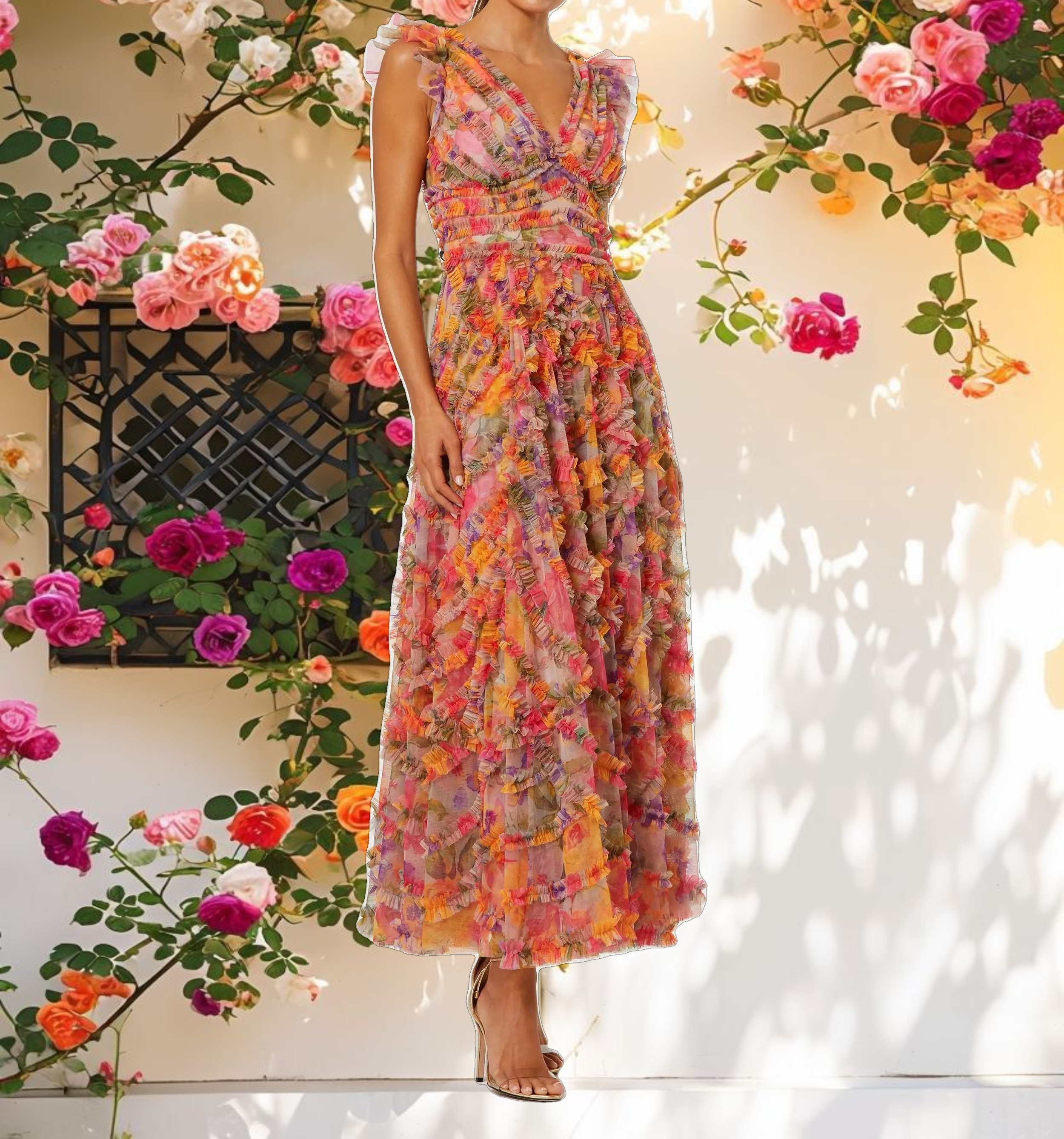 Multi Color Floral Mesh V Neck Dress