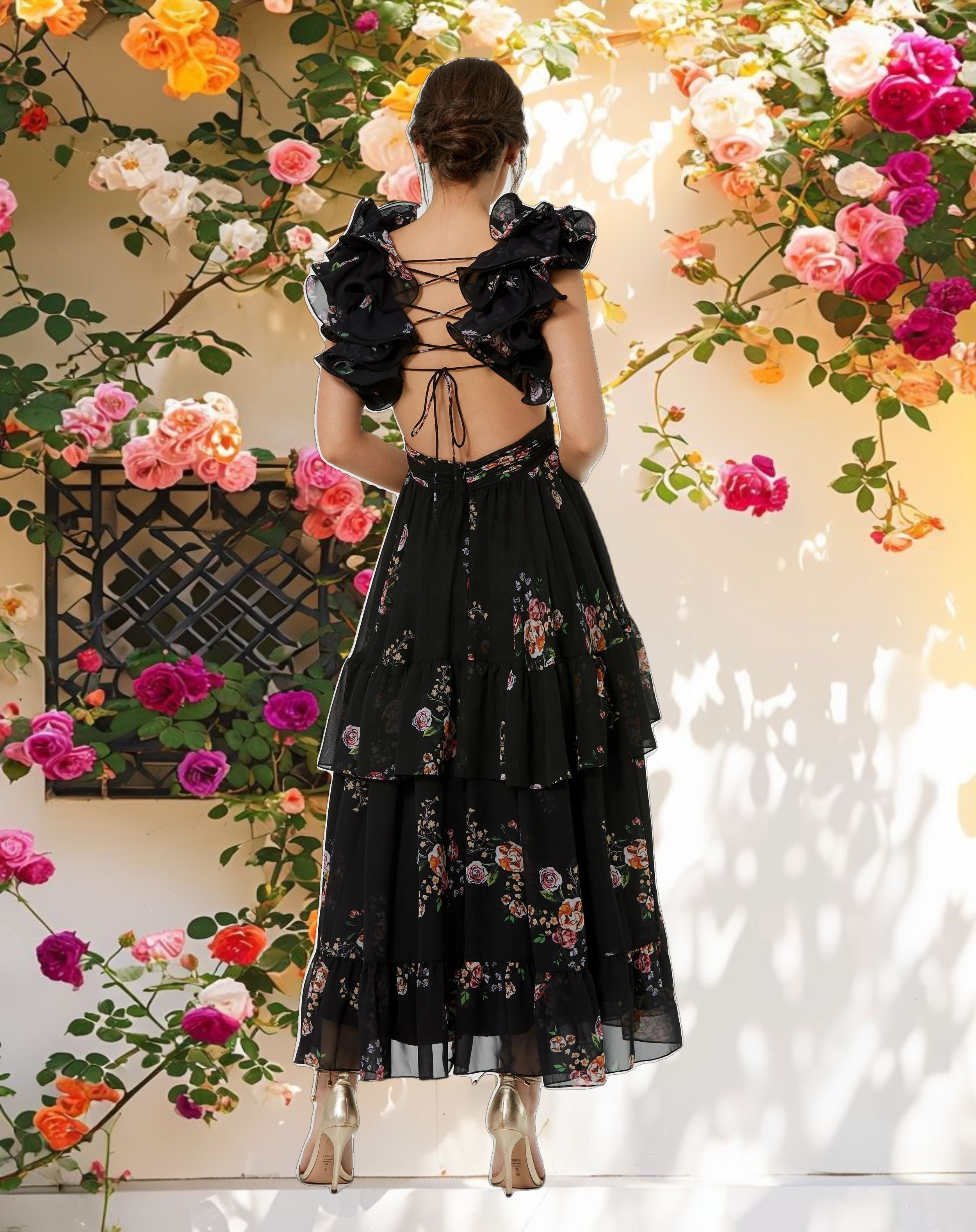 Black Ruffle Tiered Cut Out Floral Print Chiffon Dress