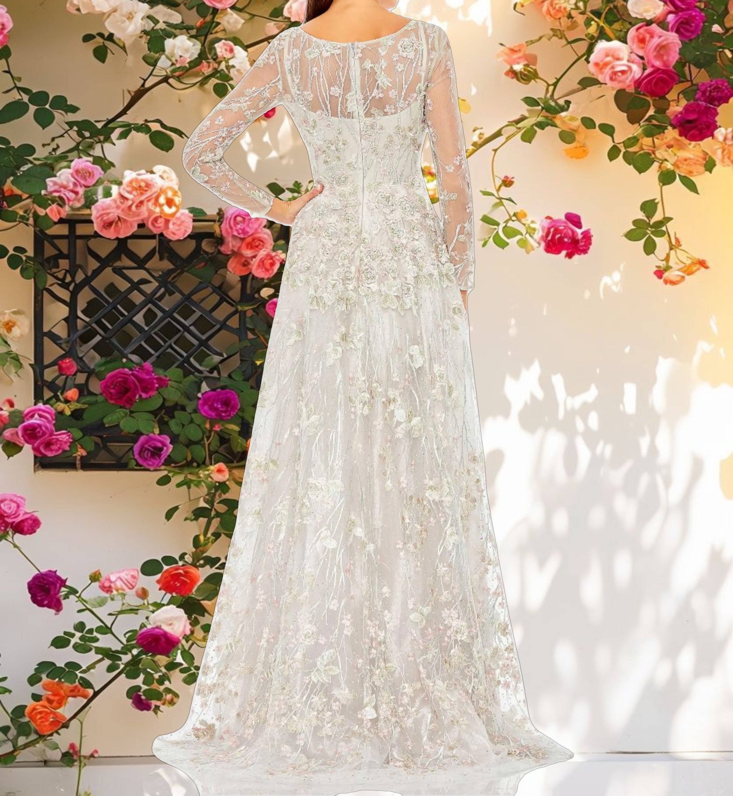 White Embroidered Lace Wrap Over Illusion Long Sleeve A Line Gown