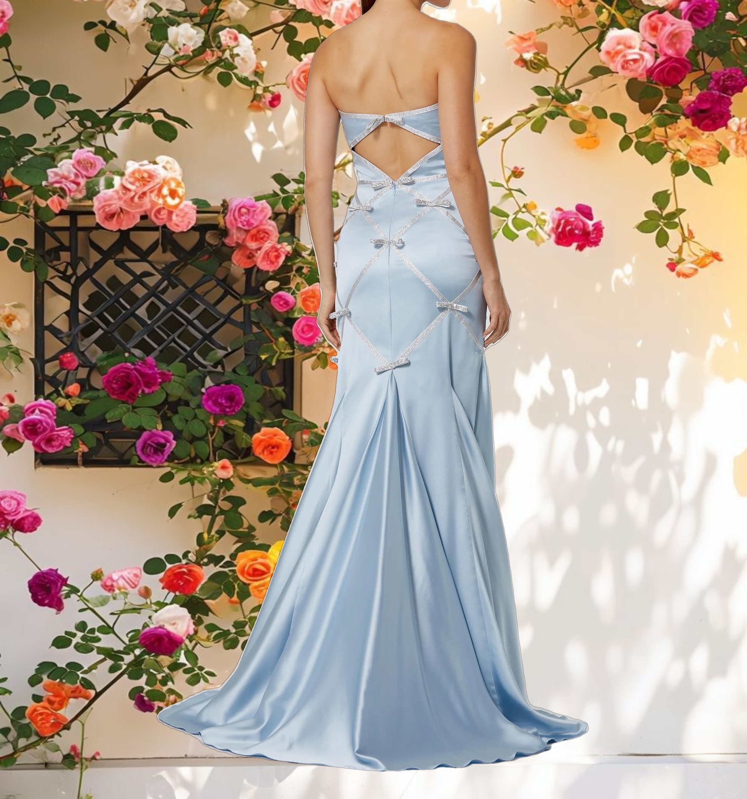 Blue Strapless Satin Trumpet Dress With Bow Details