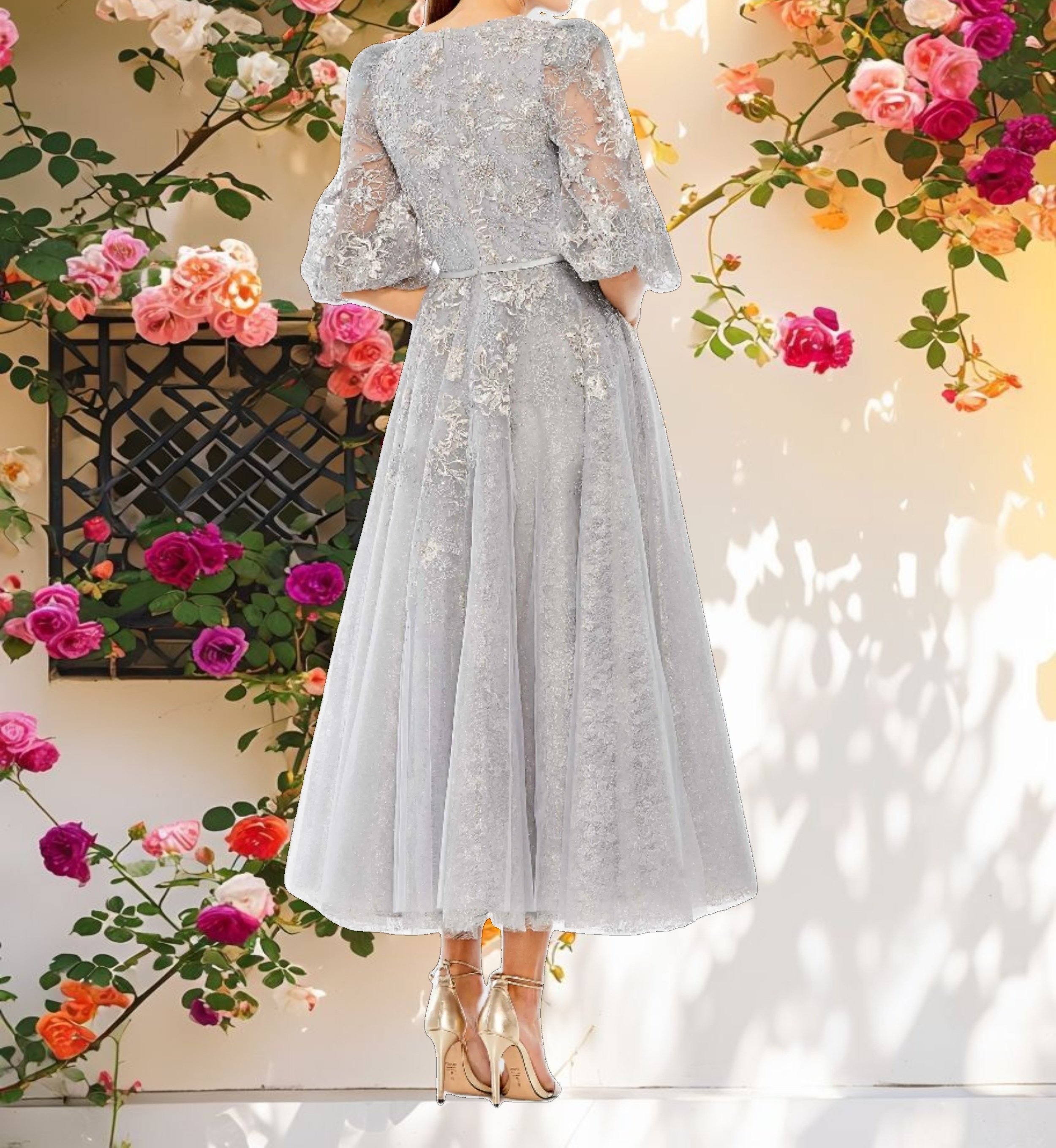 High Neck Puff Sleeve Embellished Gown