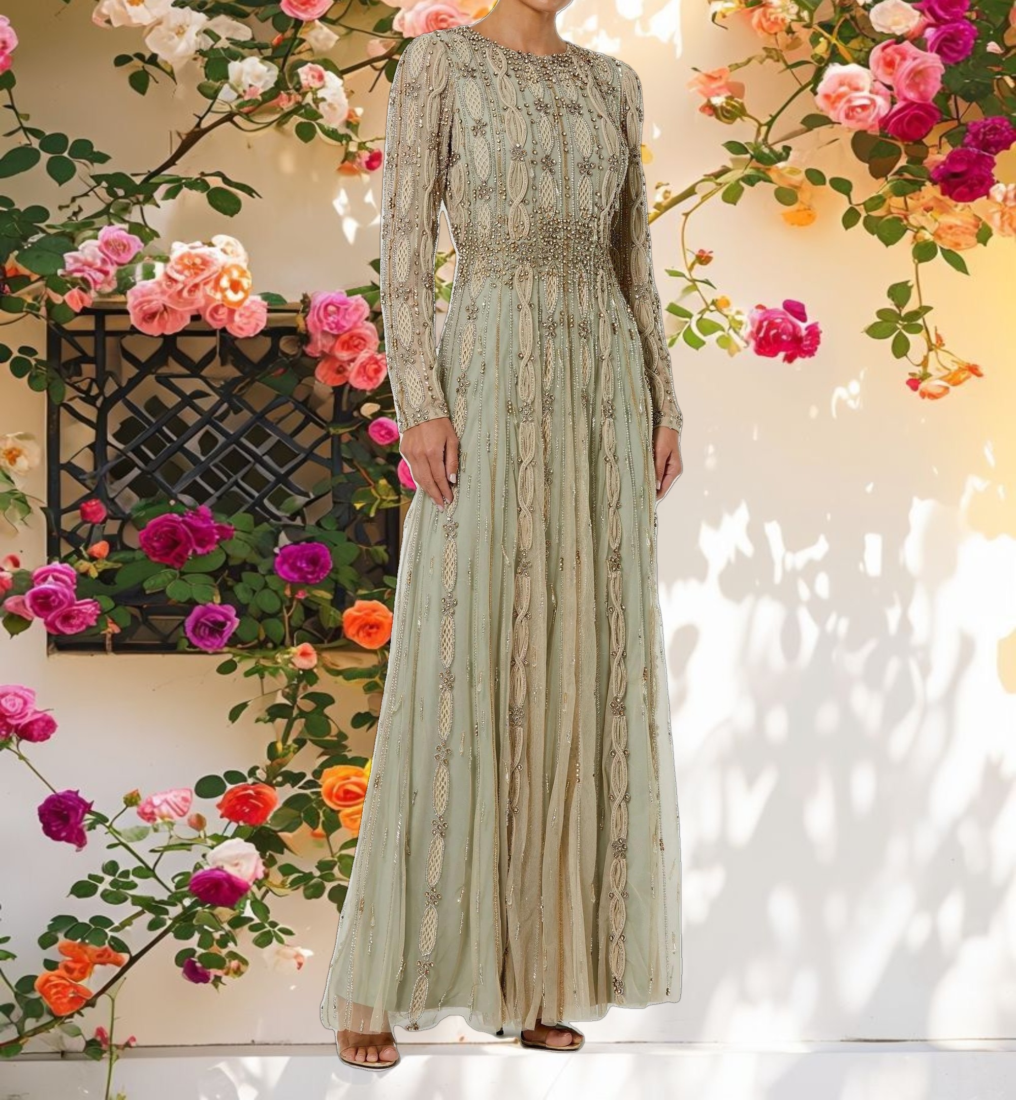 Elegant Embellished Mesh Long Sleeve A Line Gown