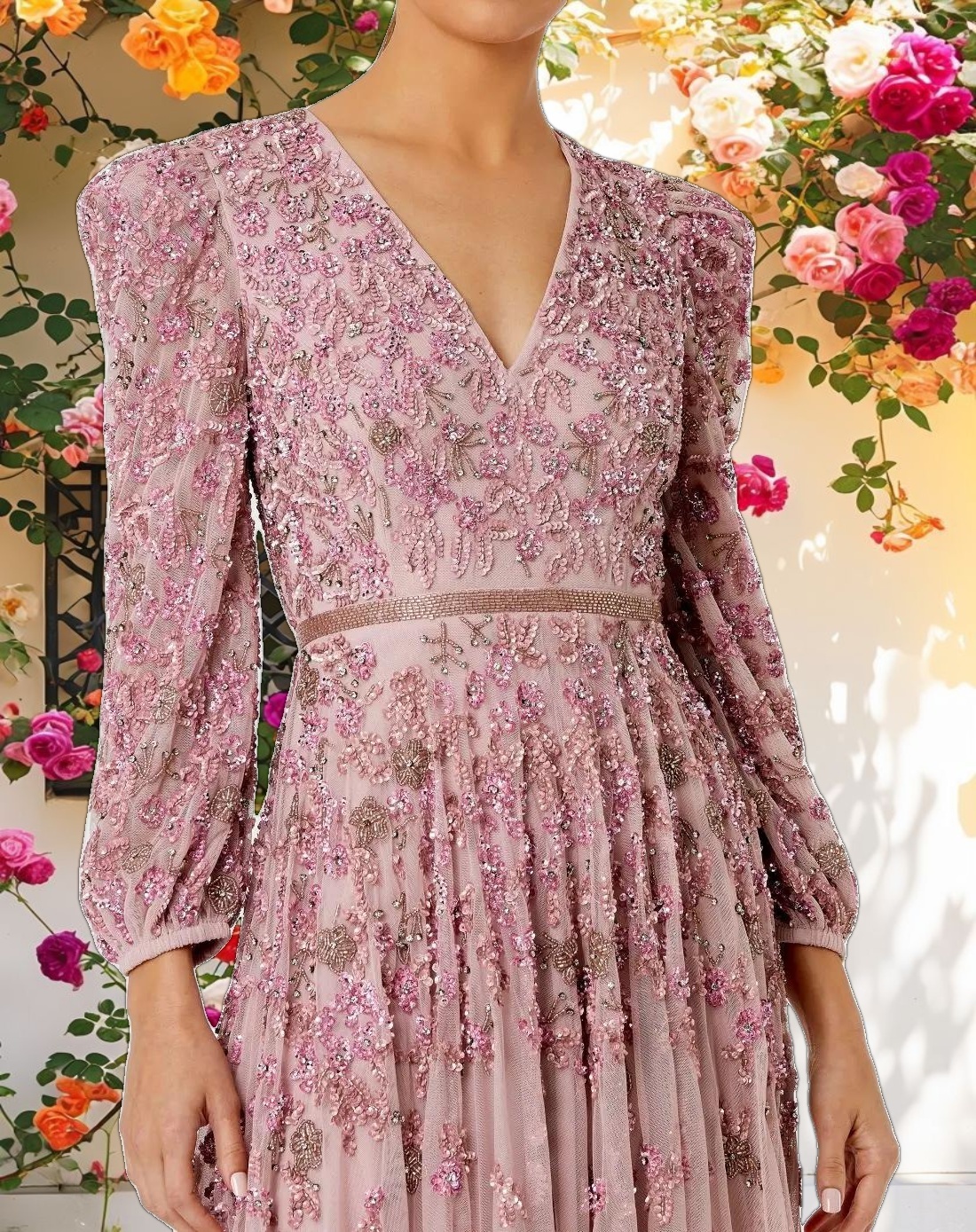 Embellished V-neck Long Sleeve A Line Gown