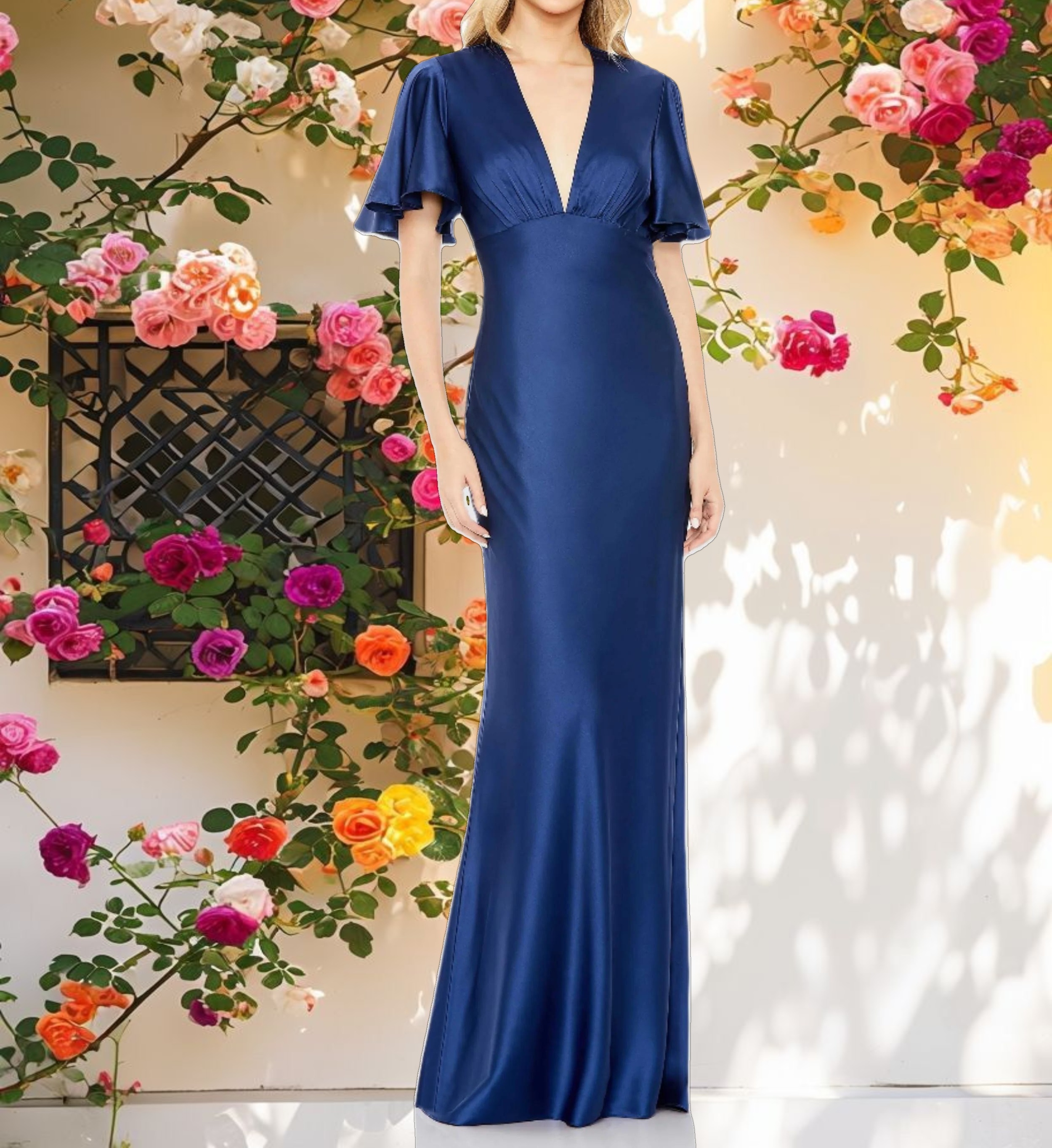 Flounce Sleeve V Neck Trumpet Gown