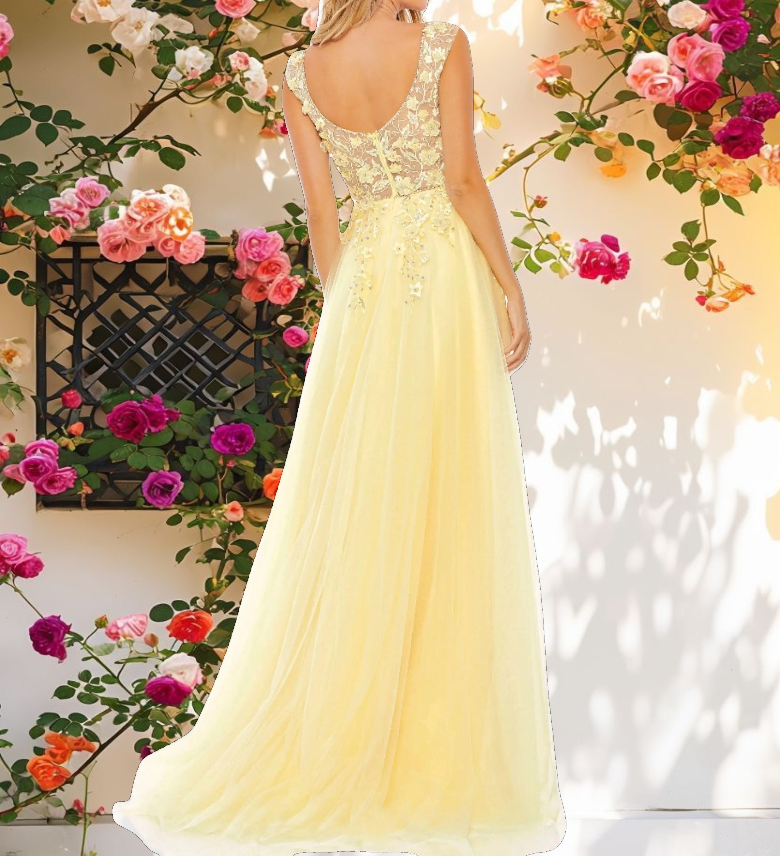 Yellow Embellished Illusion Bustier A Line Gown