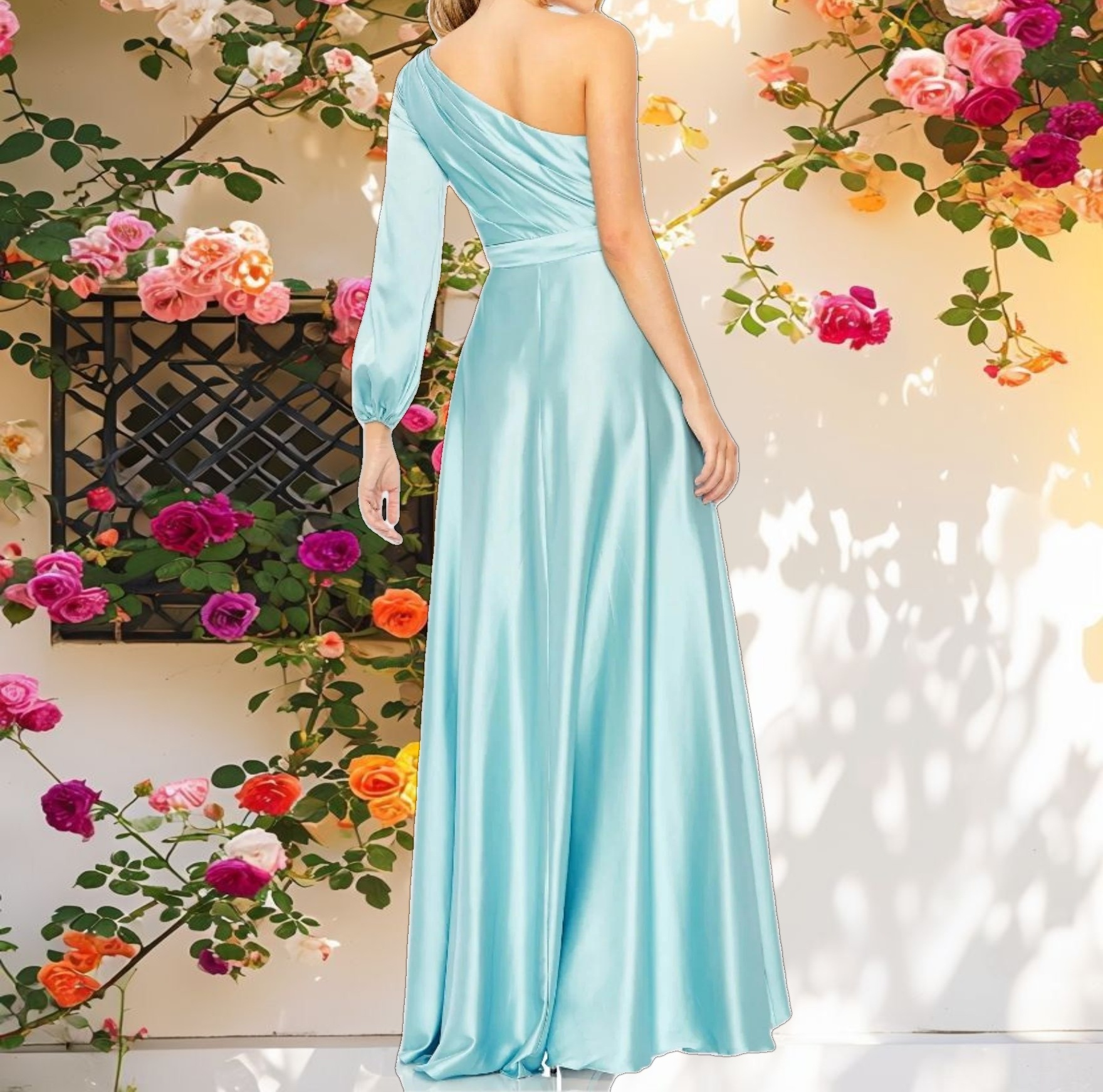 Blue Long Sleeve One Shoulder Satin High Low A line Gown