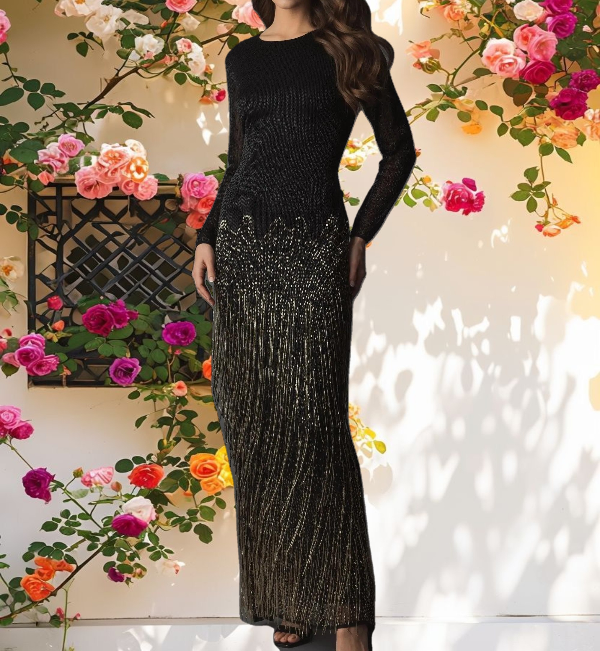 Long Sleeve Beaded Fringe Dress