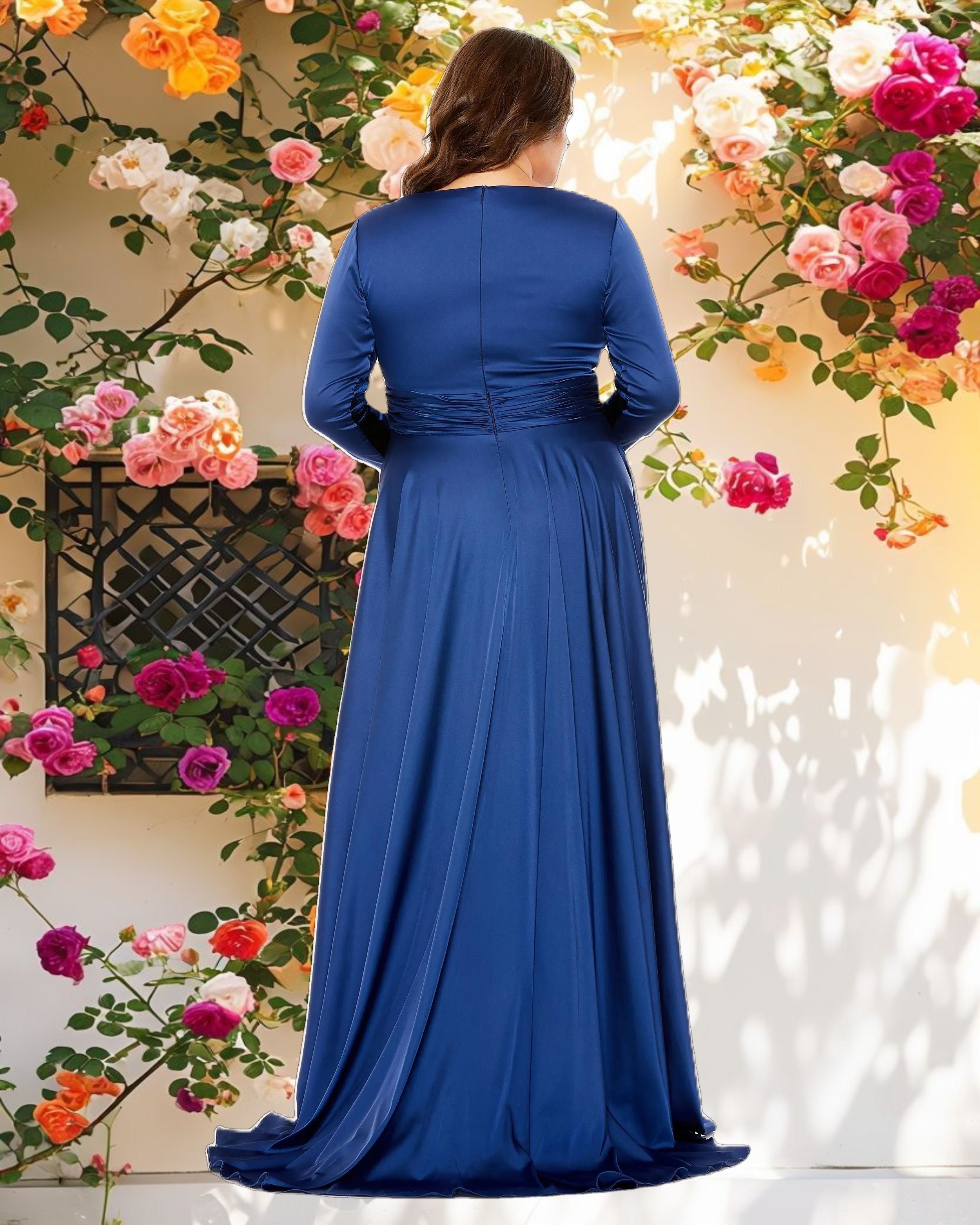 Blue Quarter Sleeve V Neck A Line Gown