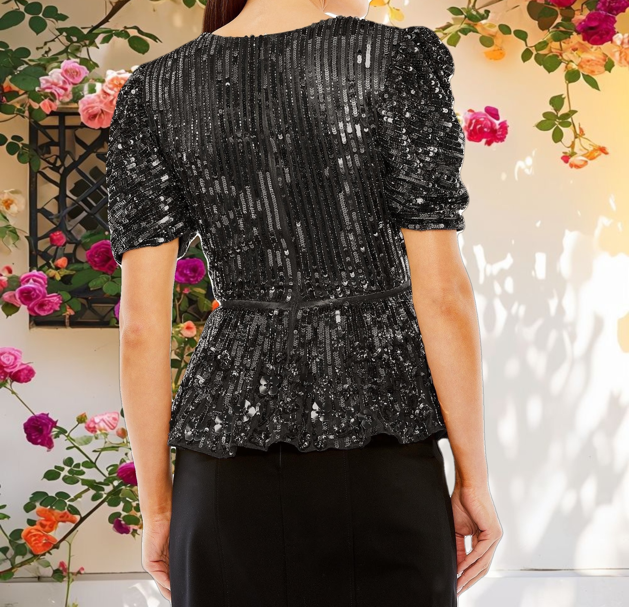 Black Sequined Puff Sleeve Faux Wrap Top