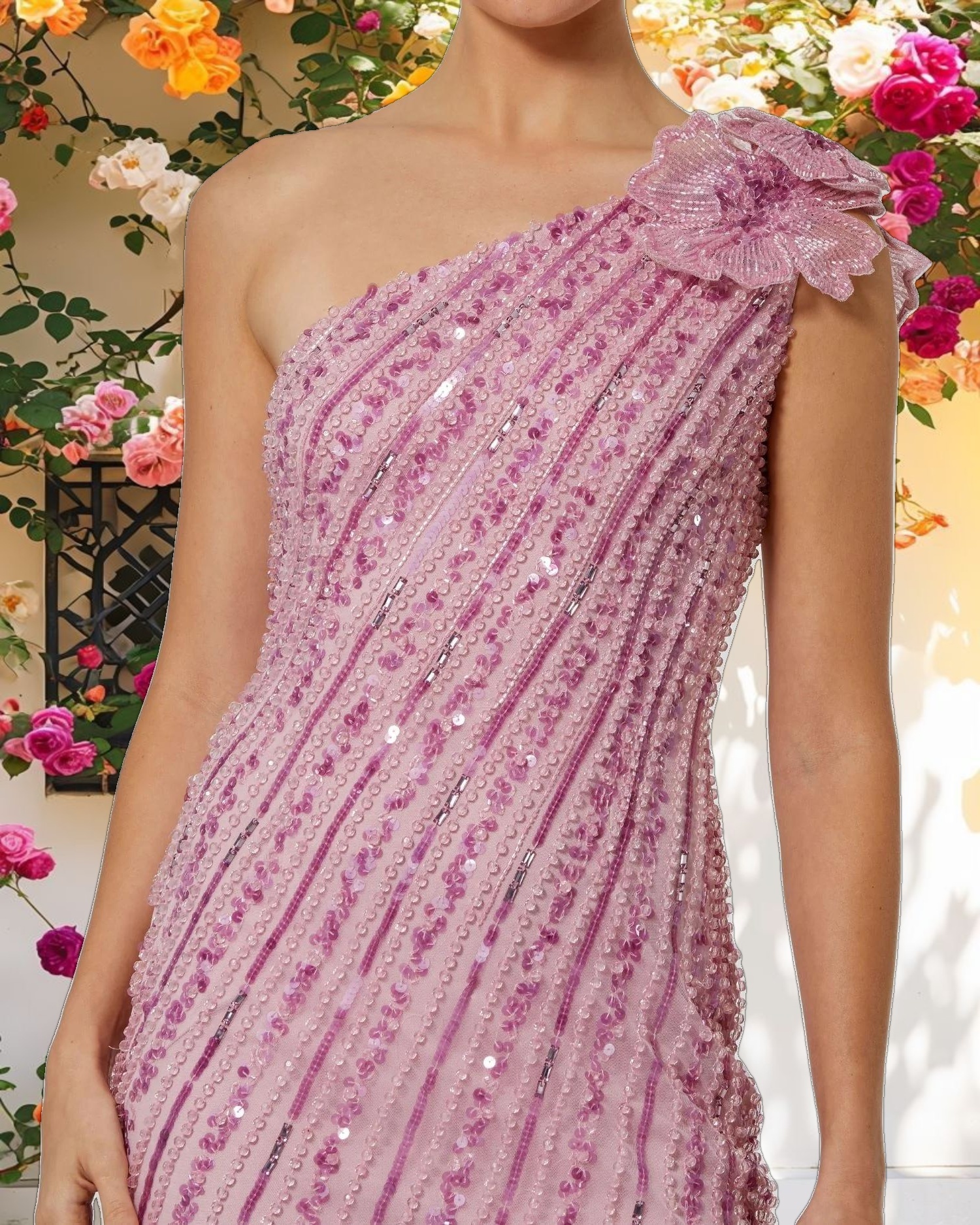 Pink One Shoulder Beaded Mesh Dress With Flower