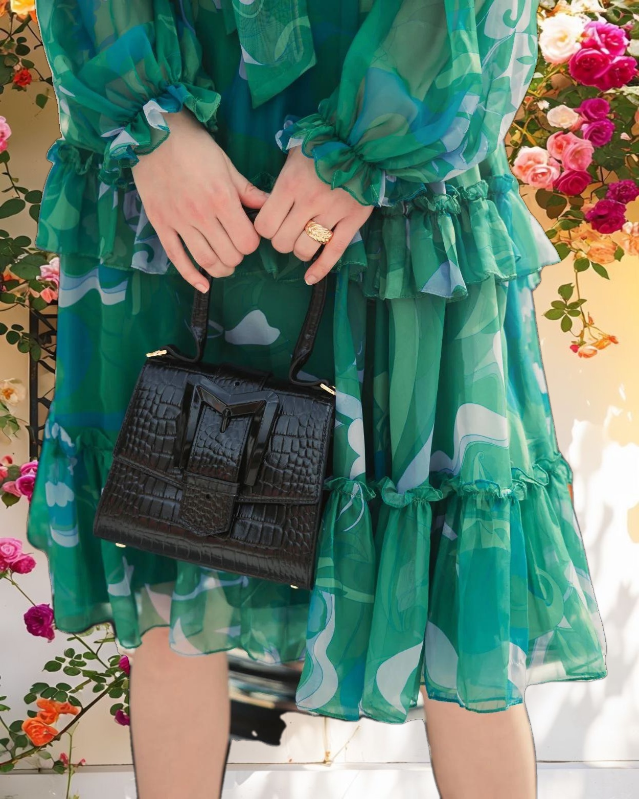 Buckled Mini Croco Black Leather Handbag