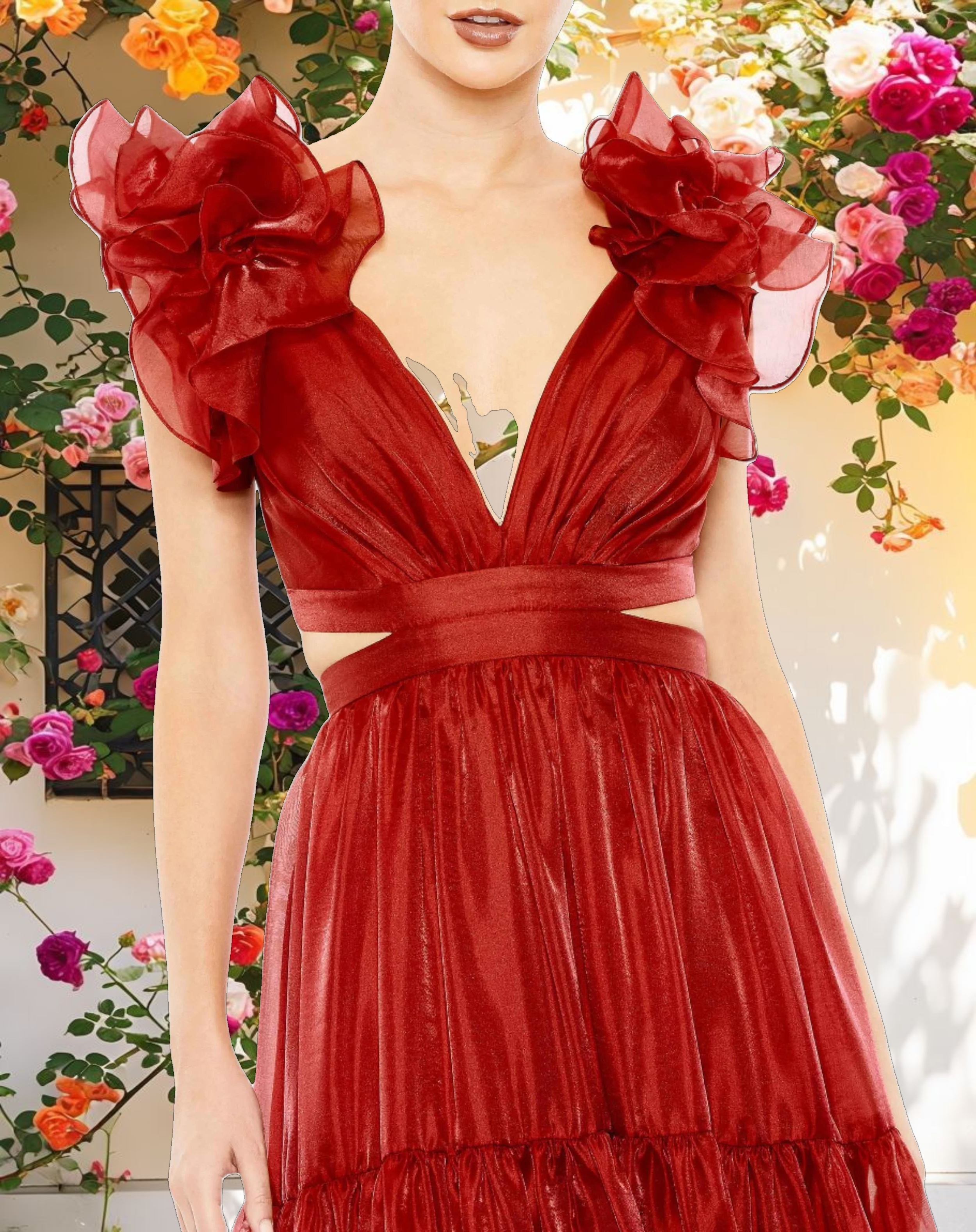 Ruffled Shoulder Cut Out Soft Tie Back Tiered Gown