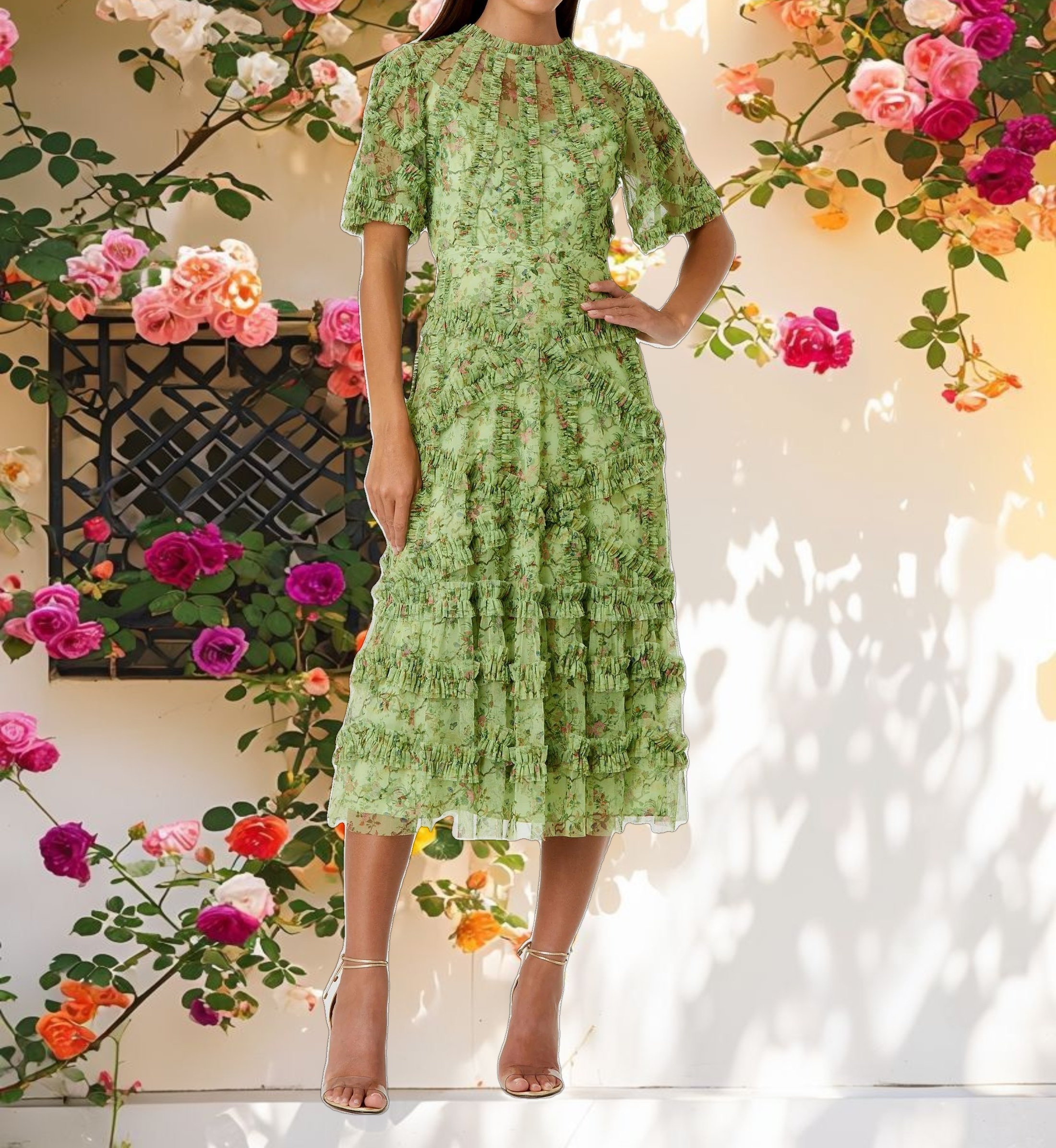 Floral Flutter Sleeve Mesh Print Dress