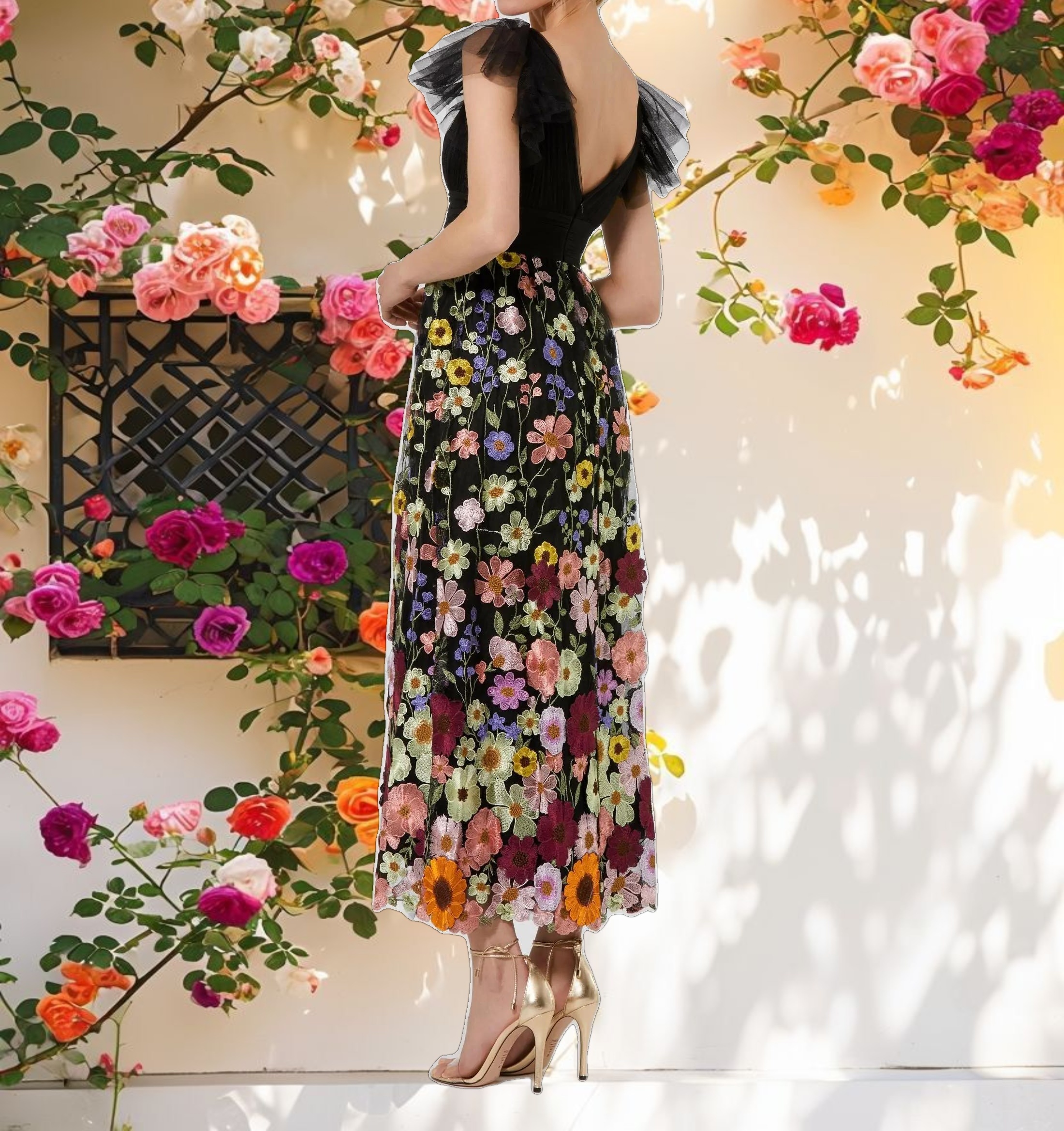 Multicolor Embroidered Flutter Sleeve Dress