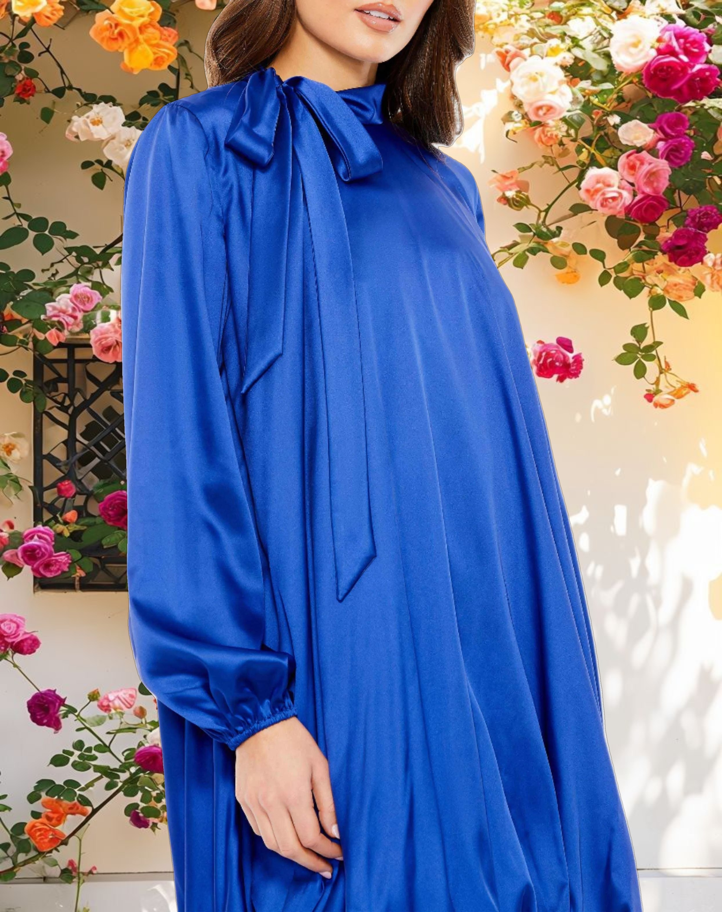 Blue High Neck Long Sleeve Bubble Hem Dress
