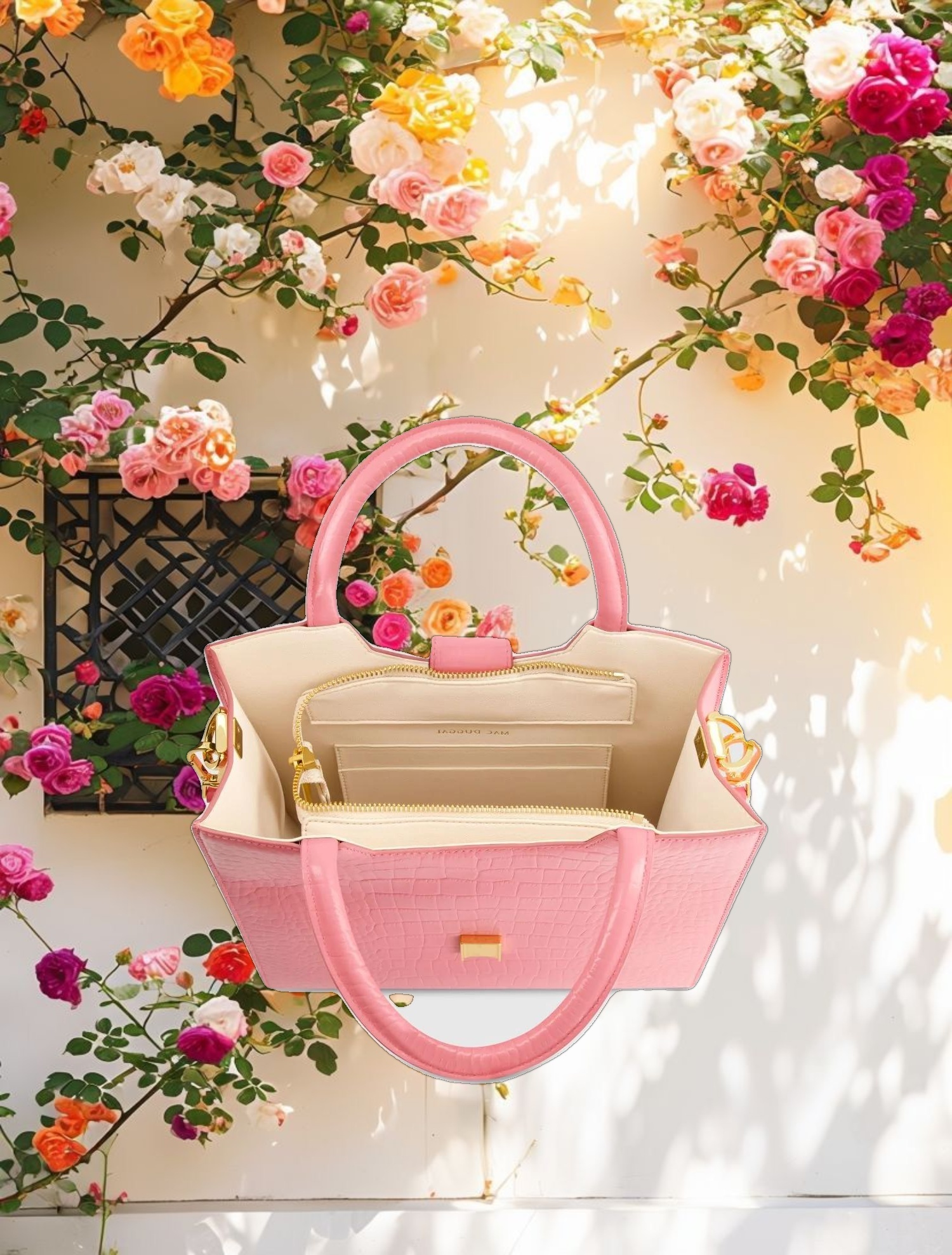 Buckled Medium Croco Hibiscus Leather Tote Bag with Detachable Strap