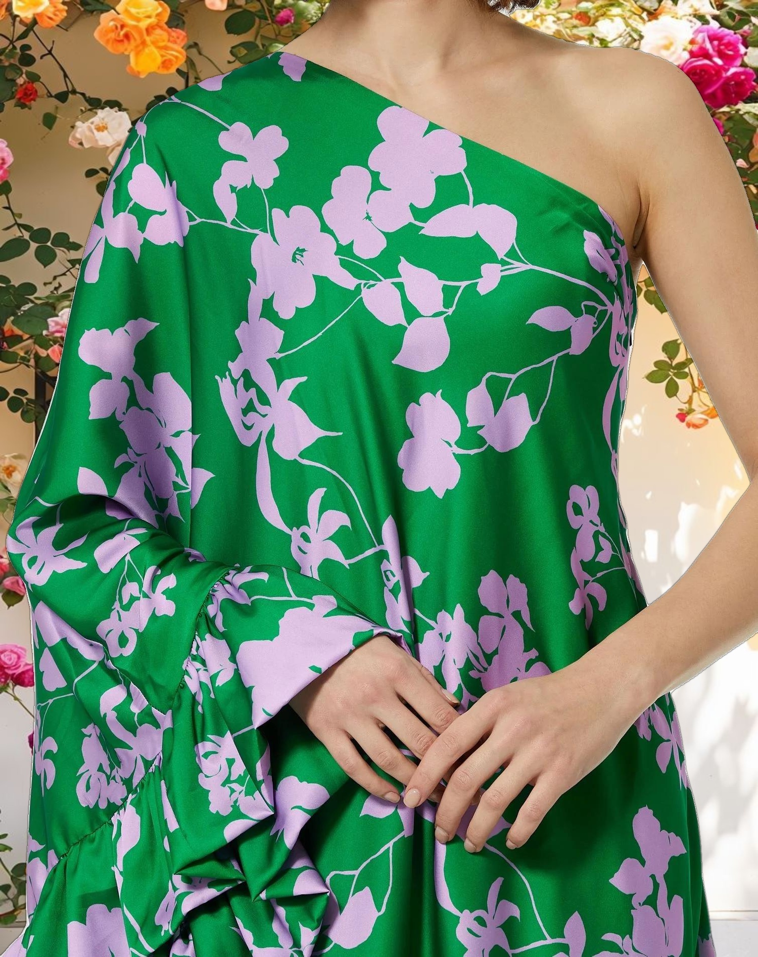 Printed Charmeuse One Shoulder Gown