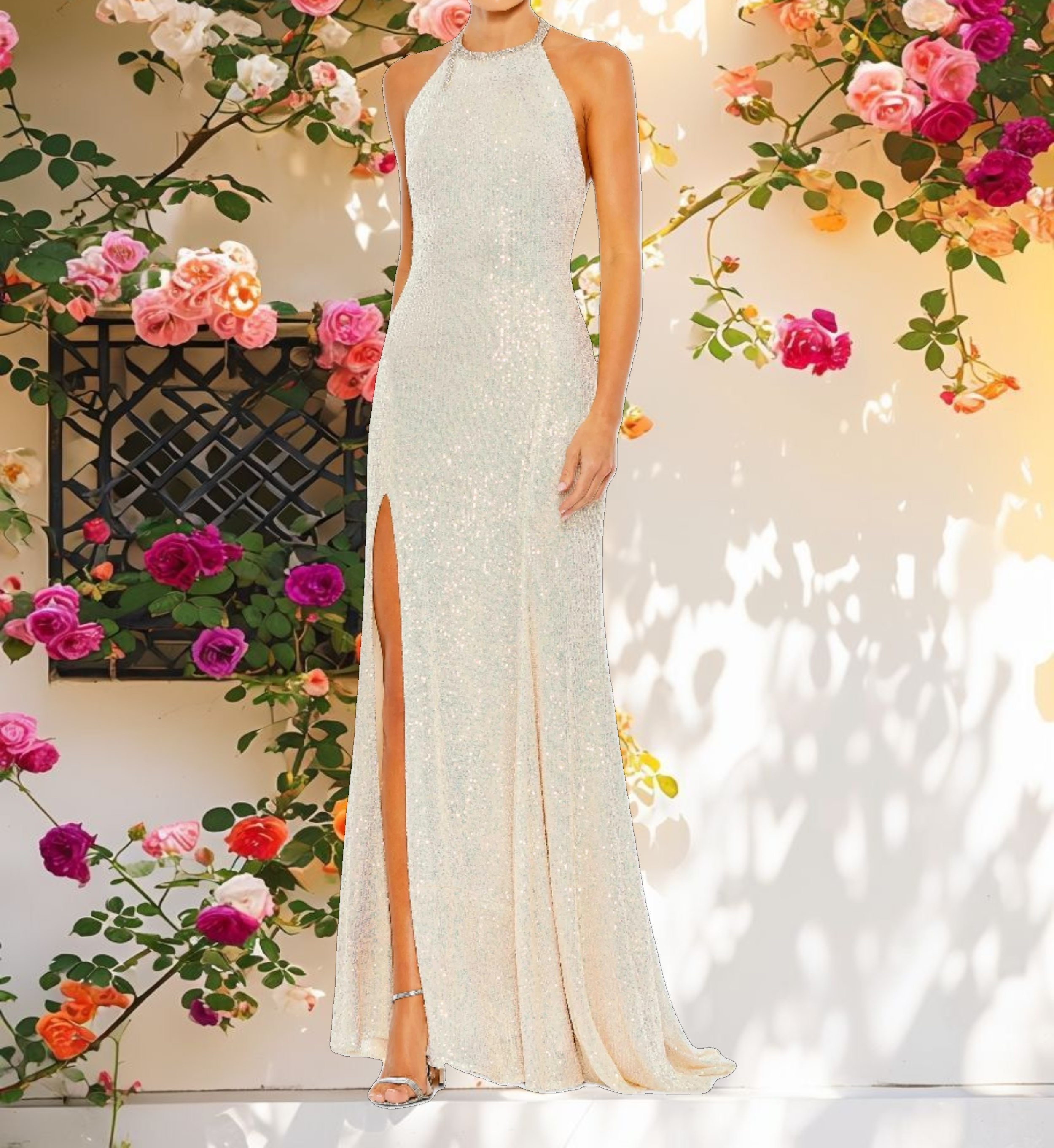 White Sequined High Neck Rhinestone Trim Column Gown