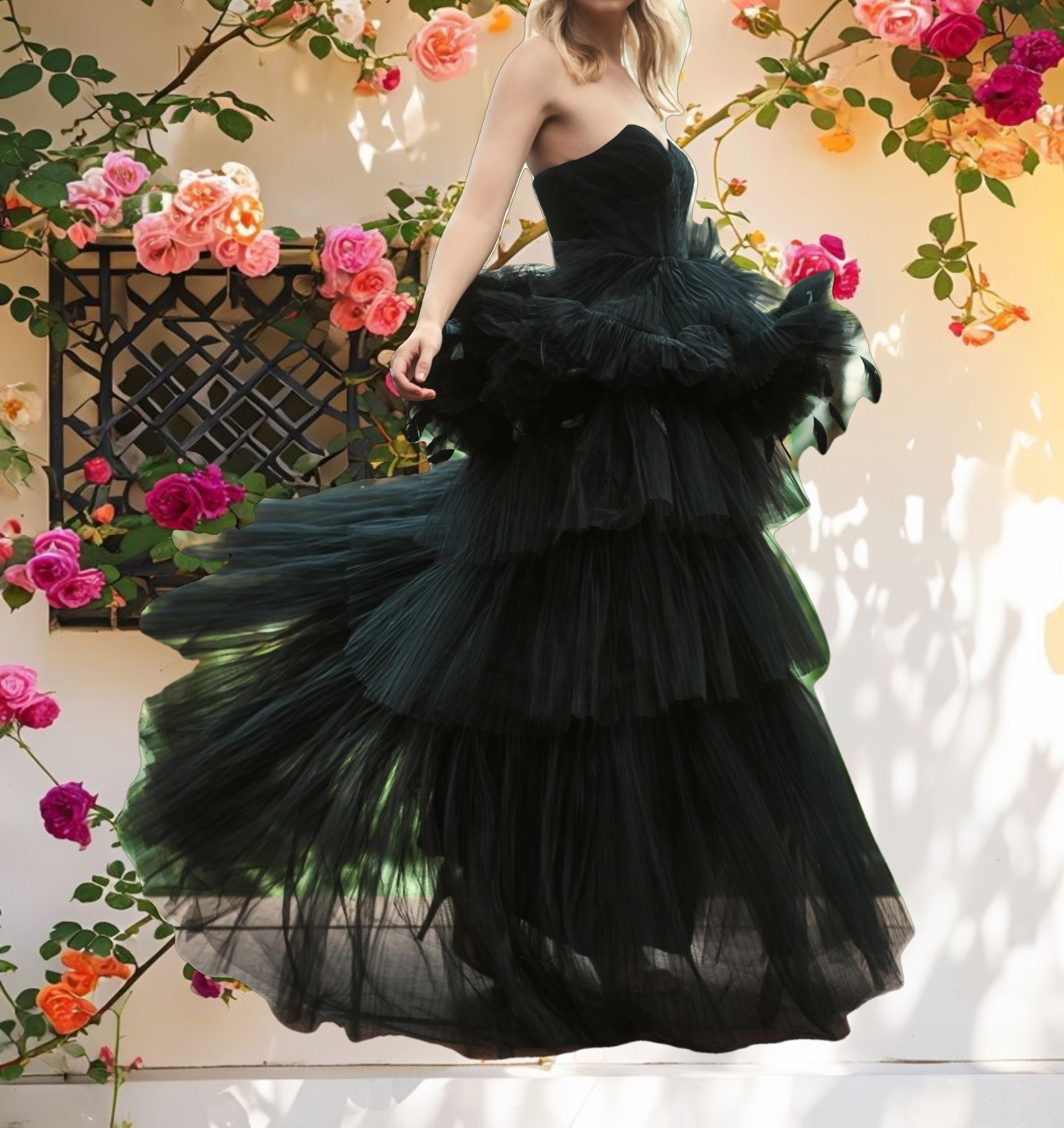 Black Strapless Tulle Gown with Feather Detail