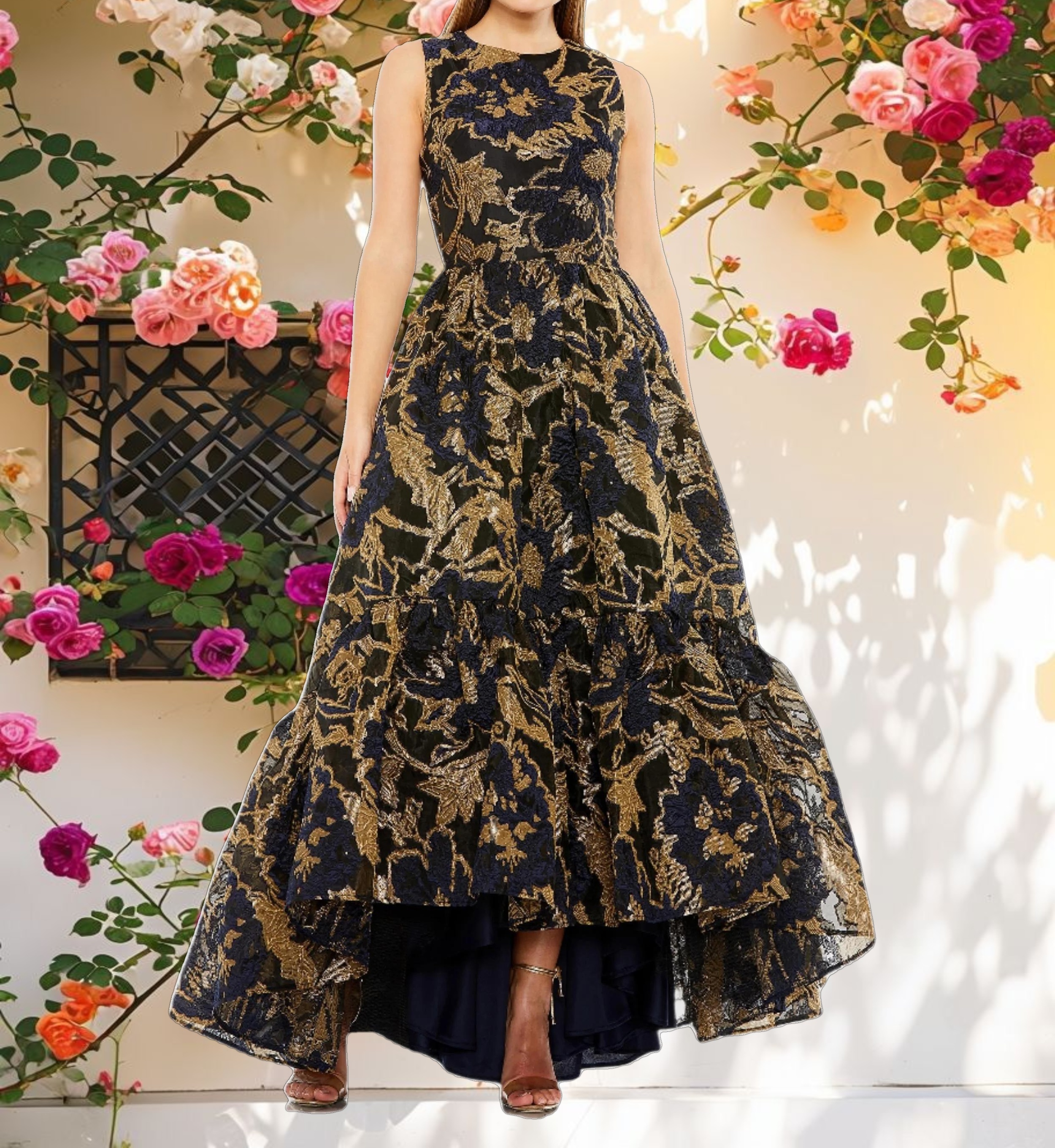 Gold and Navy High Low Brocade Dress