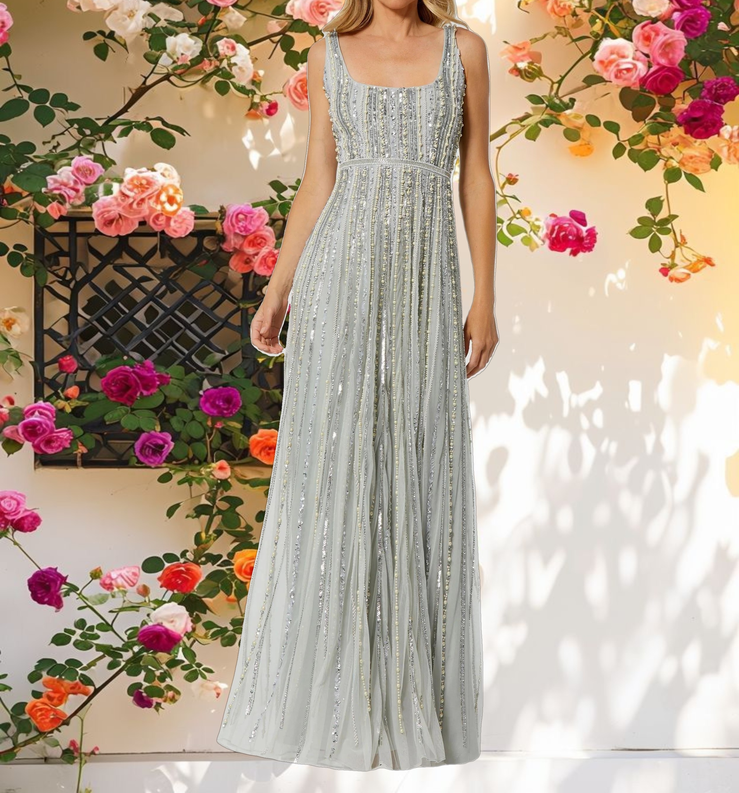 Green Striped Beaded Gown