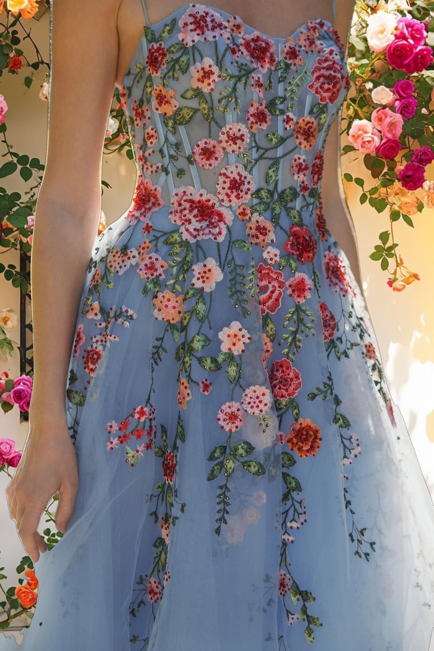 Blue Bustier Embroidered Floral A Line Dress