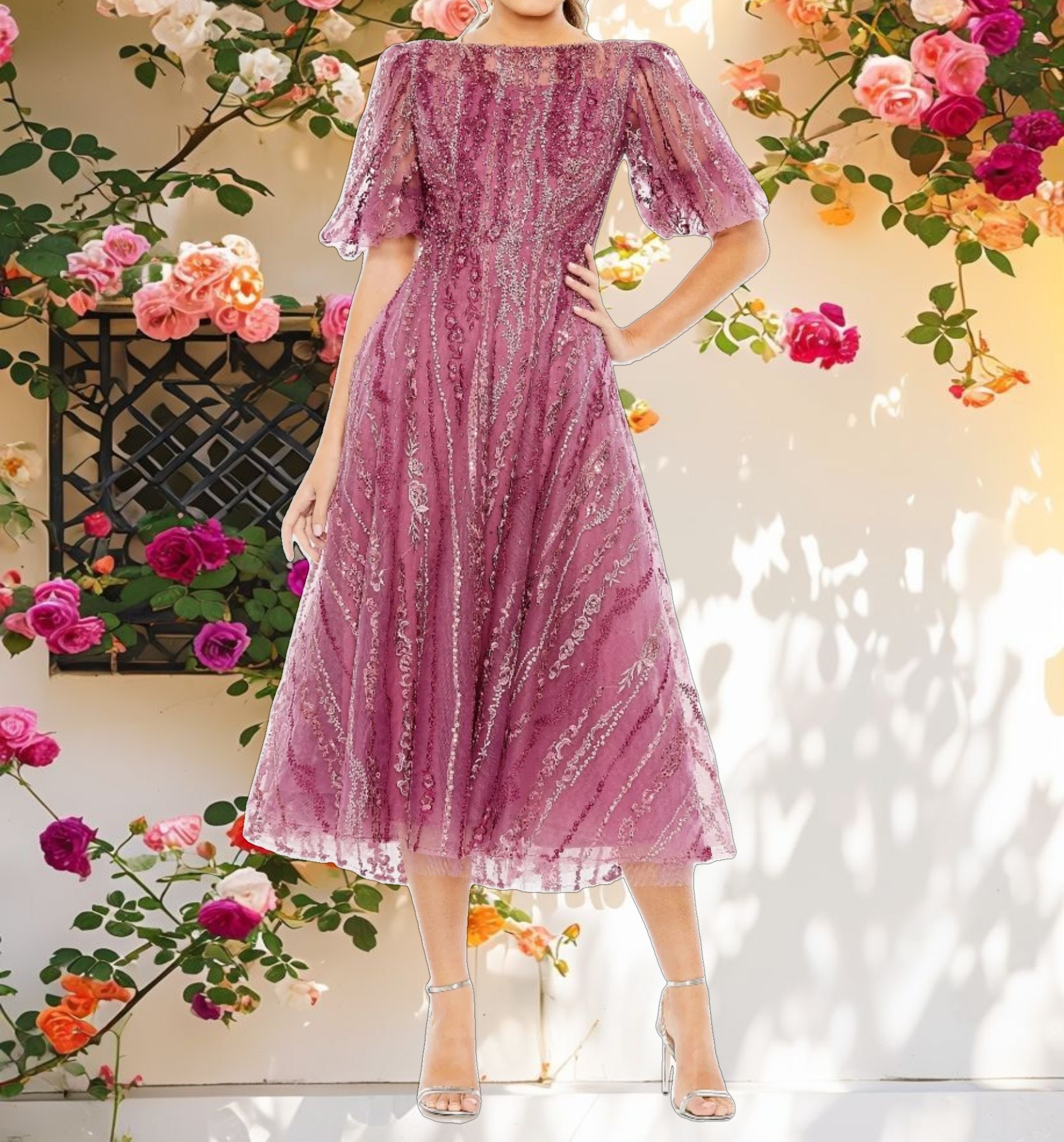 High Neck Puff Sleeve Embellished A Line Dress