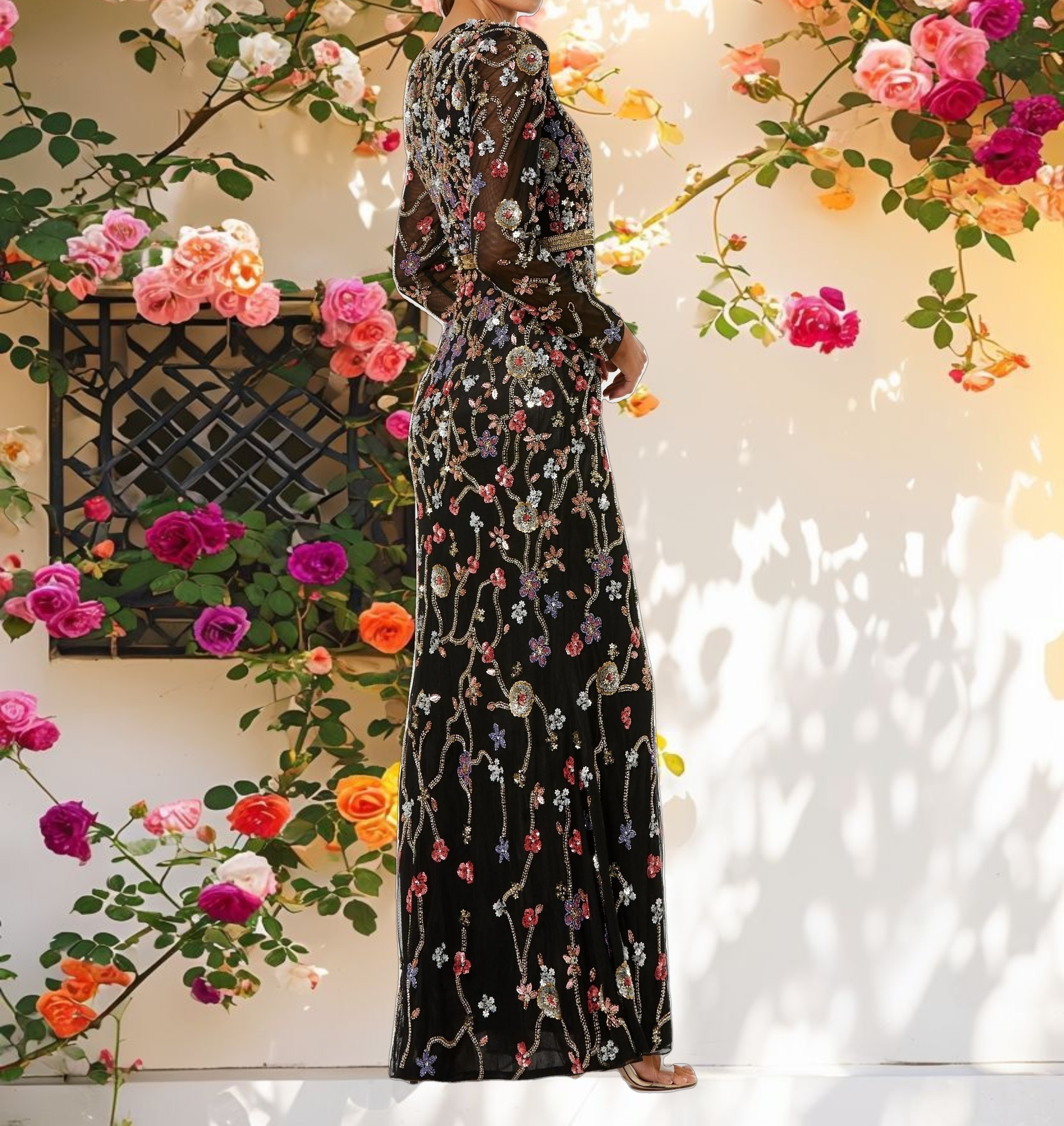 Embellished Mesh Long Sleeve Gown