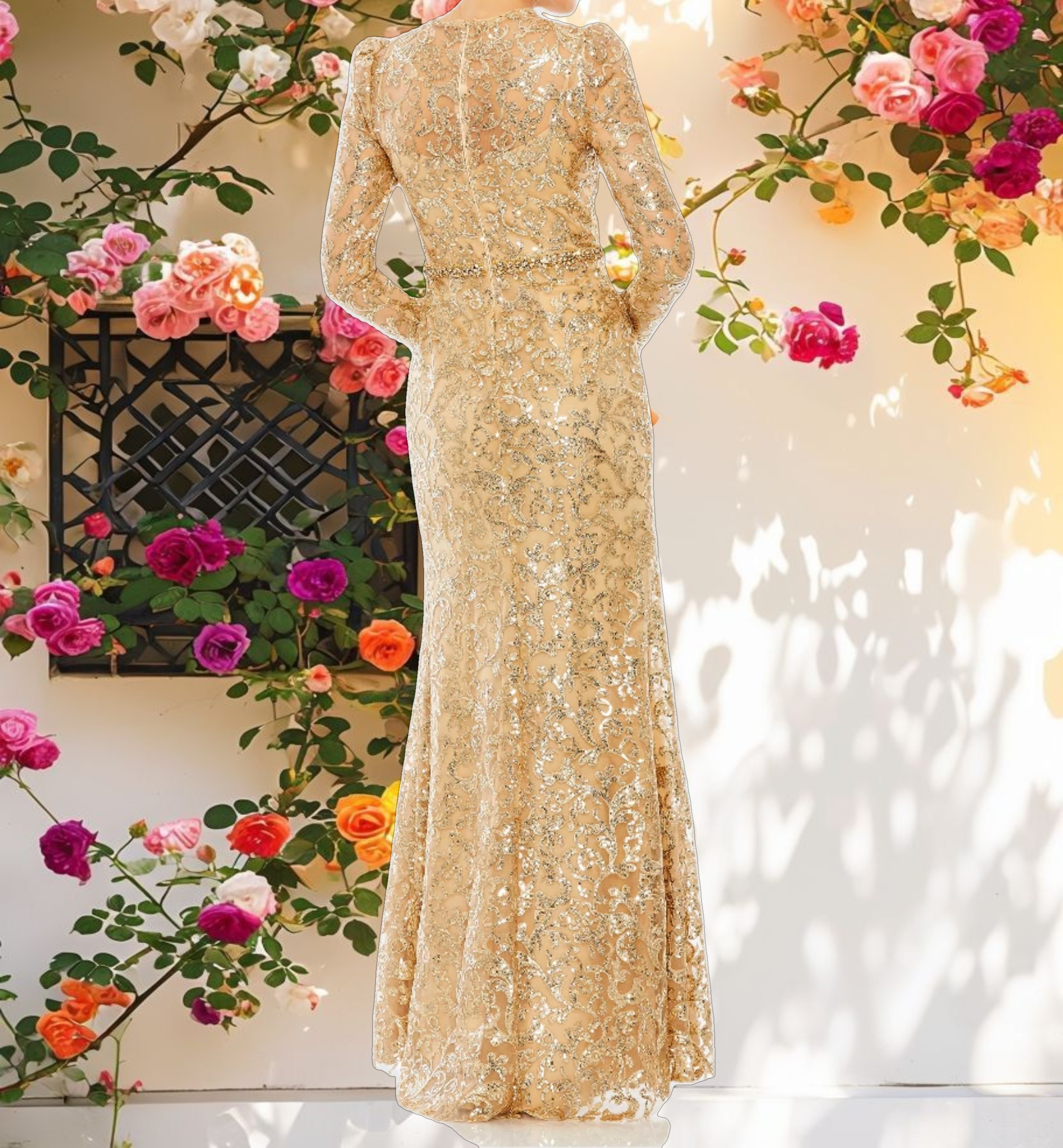 Gold Embellished High Neck Long Sleeve Gown