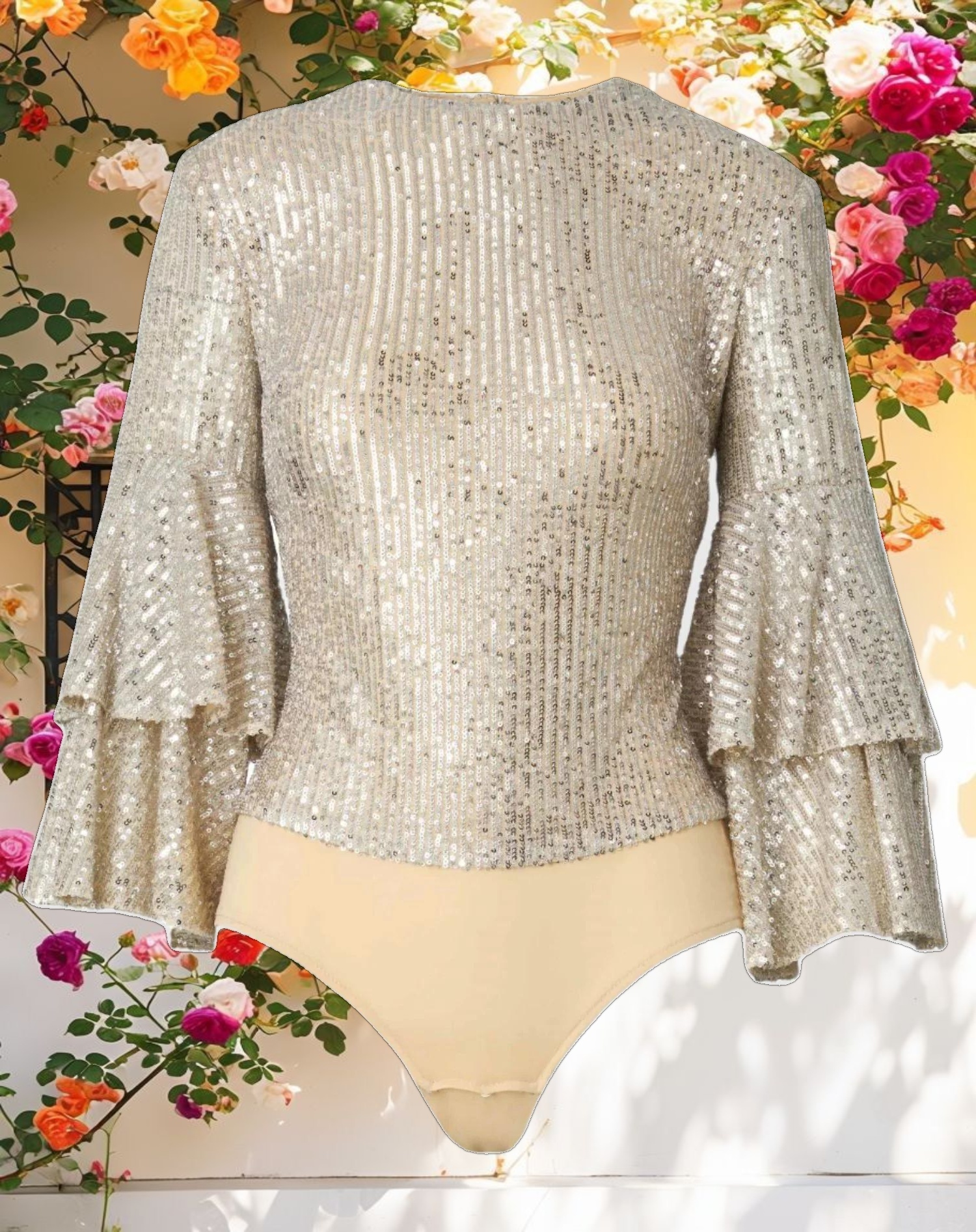 Silver Ruffle 3/4 Sleeve Sequin Bodysuit