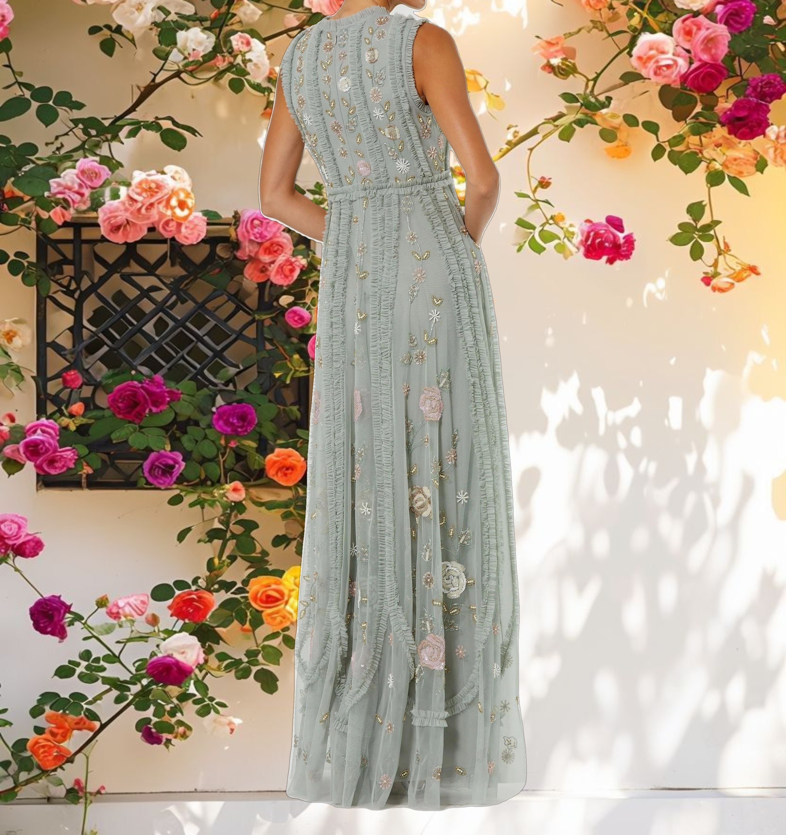 Green Floral Mesh Sleeveless A Line Micro Ruffle Gown