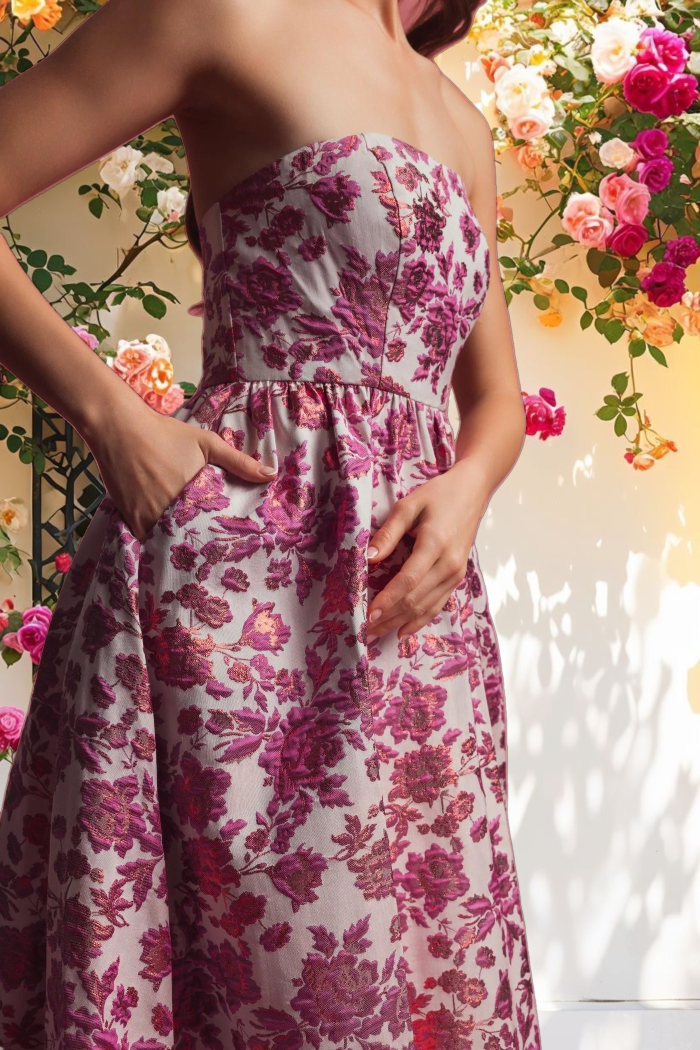 Pink Floral Brocade Strapless A Line Midi Dress