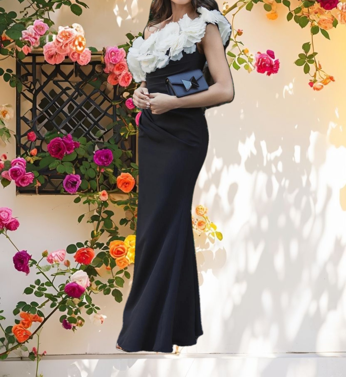 Black and White Jersey Gown With 3D Flower Off The Shoulder Detail