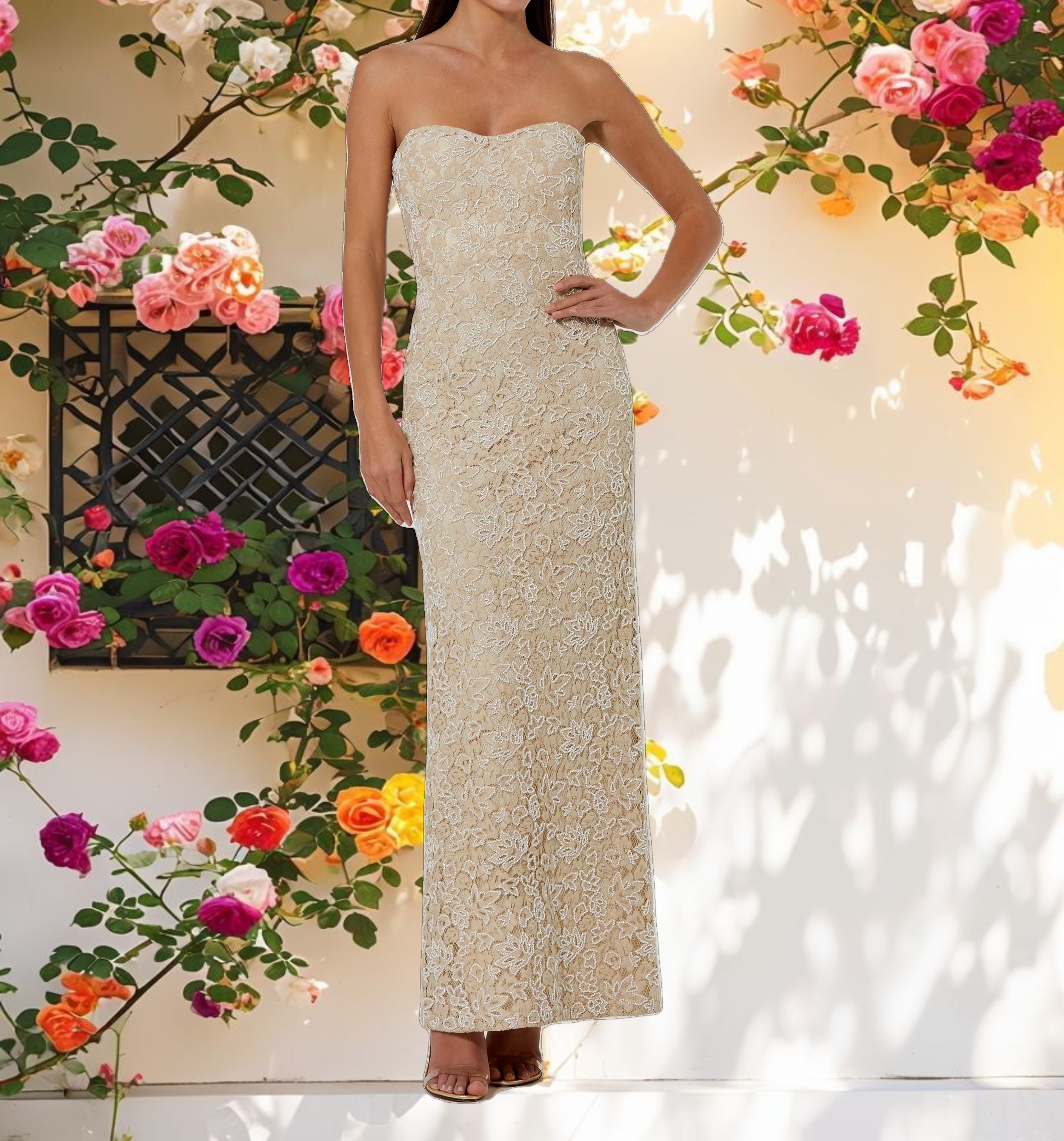 Beige Strapless Beaded Lace Fitted Column Gown