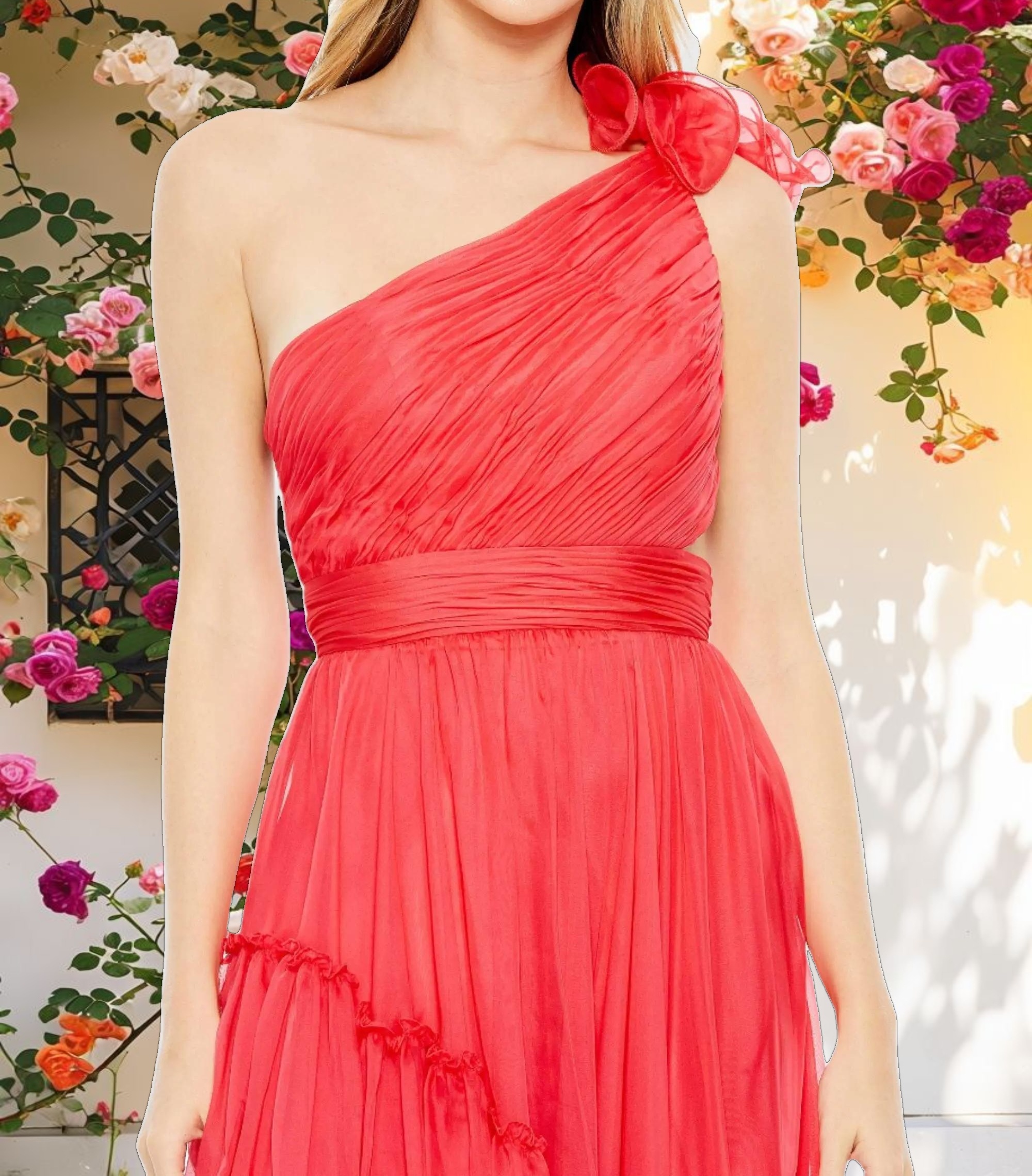 Ruffled Asymmetrical One Shoulder Gown