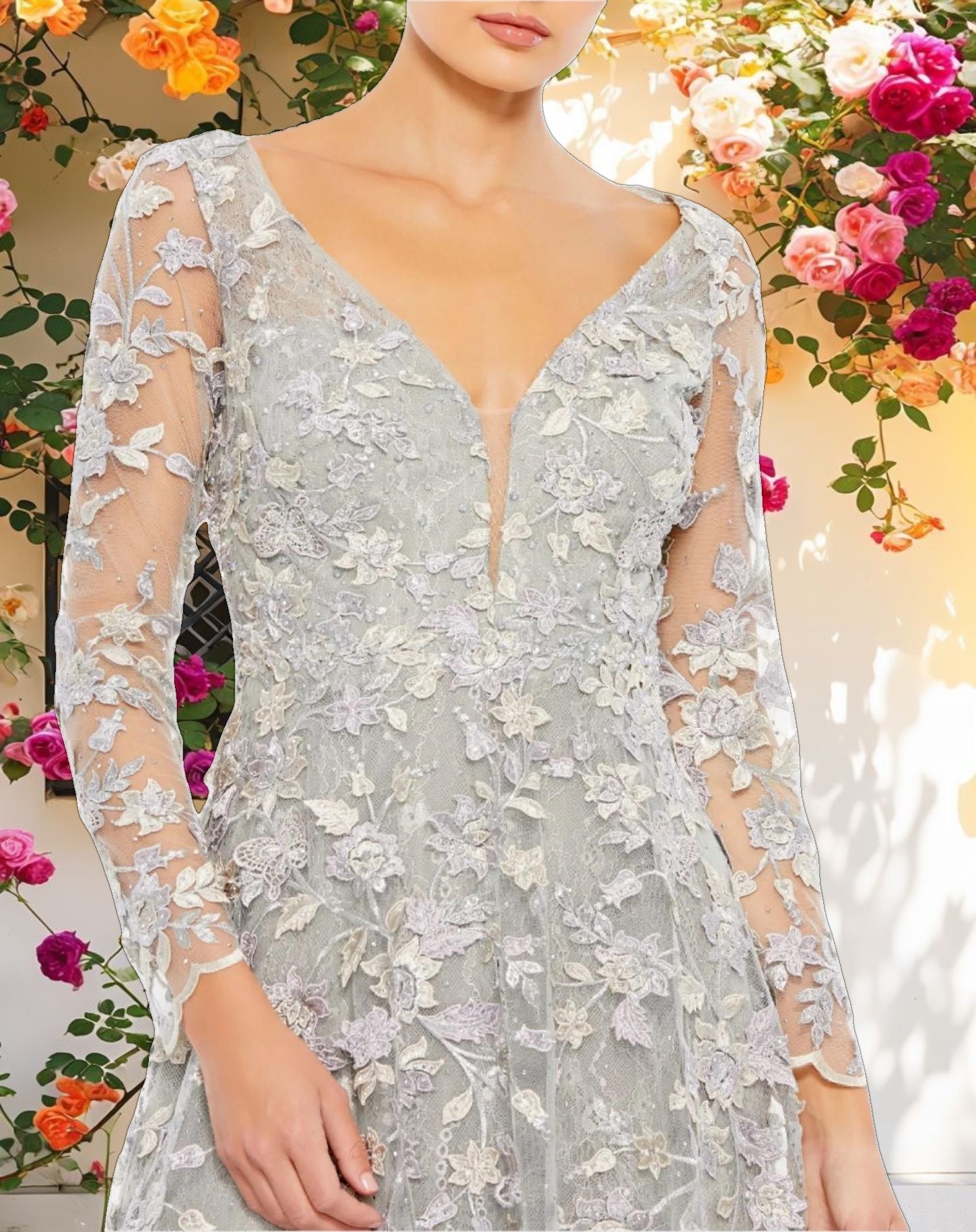 Beige Floral Pattern Long Sleeve Gown