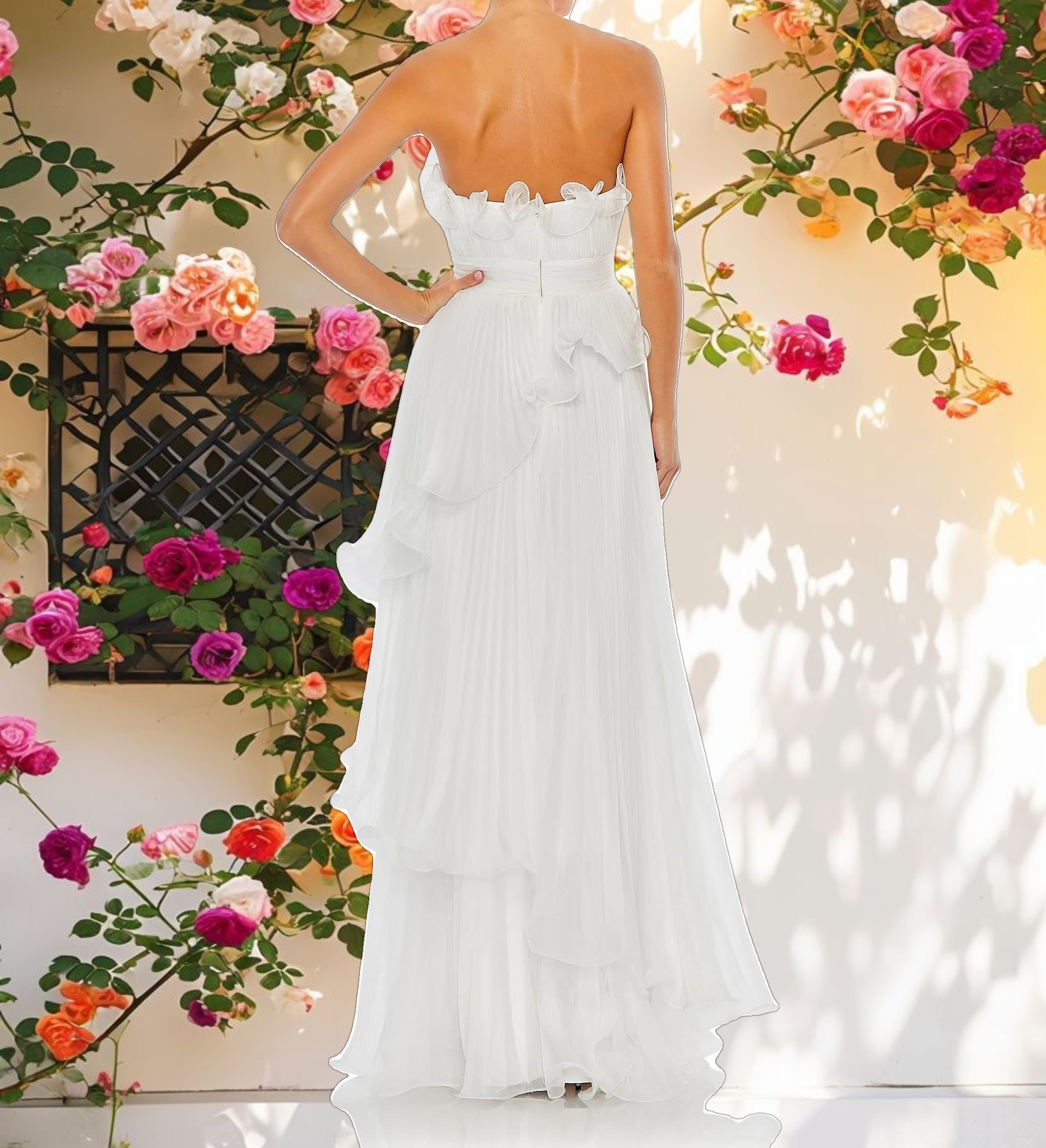 White Pleated Tiered Ruffled Strapless Gown