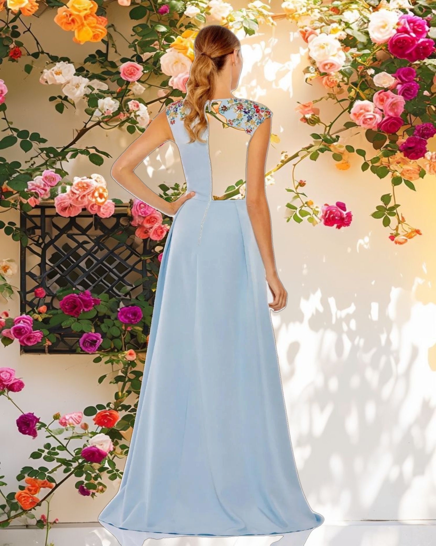 Blue Beaded Cap Sleeve V Neck A Line Gown