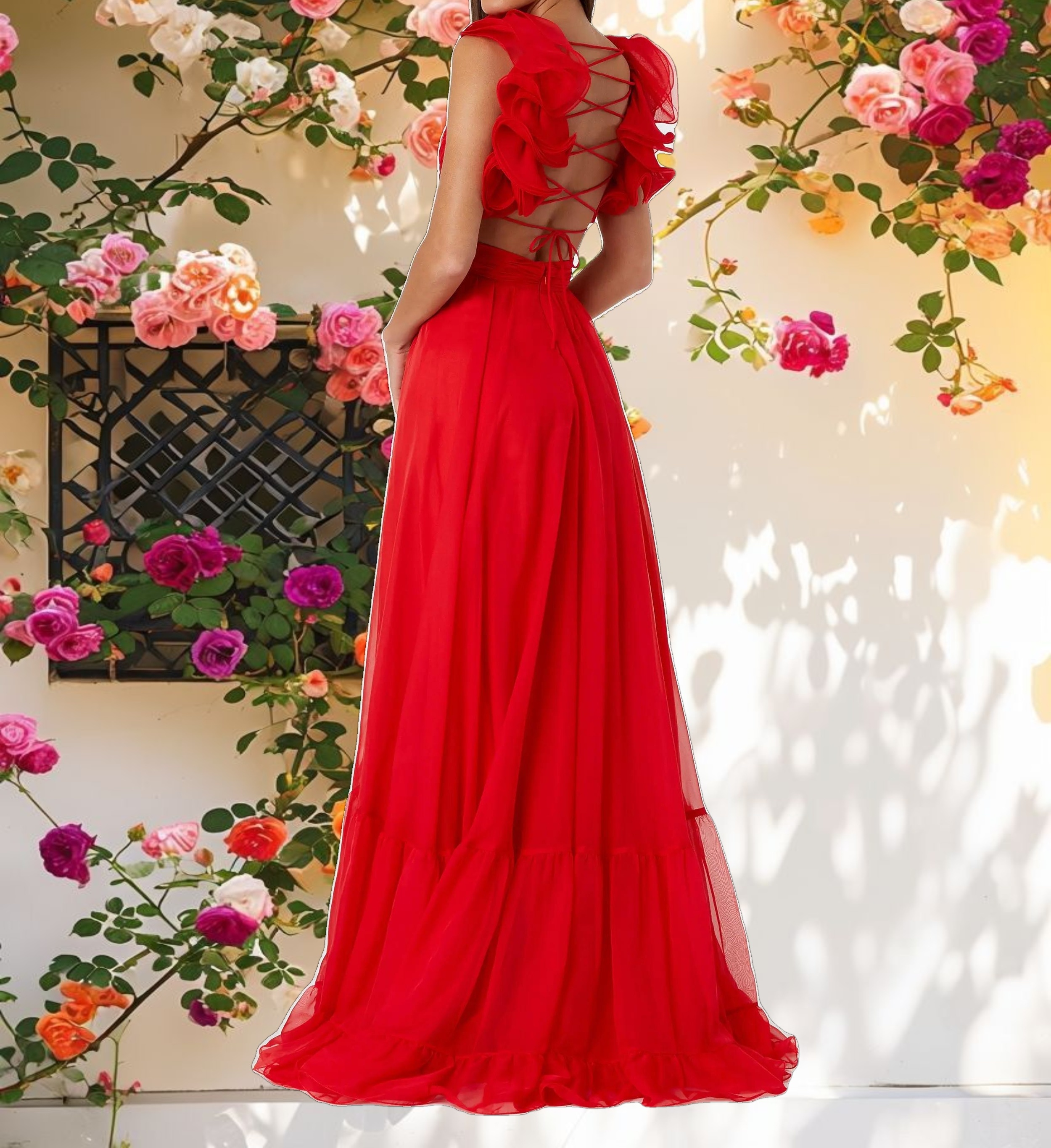 Ruffle Tiered Cut Out Chiffon Gown