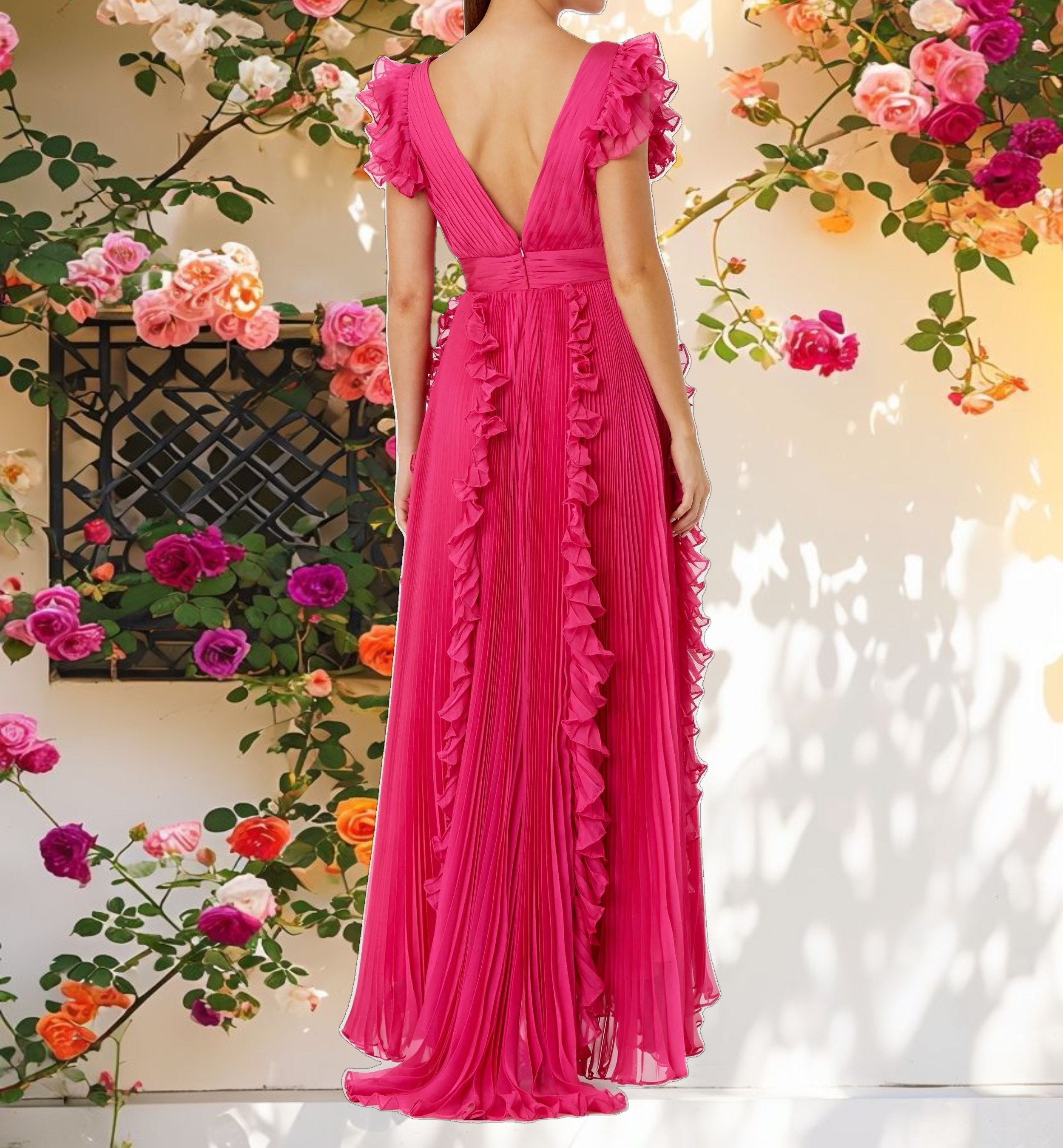 Floral Ruffle Cap Sleeve Gown
