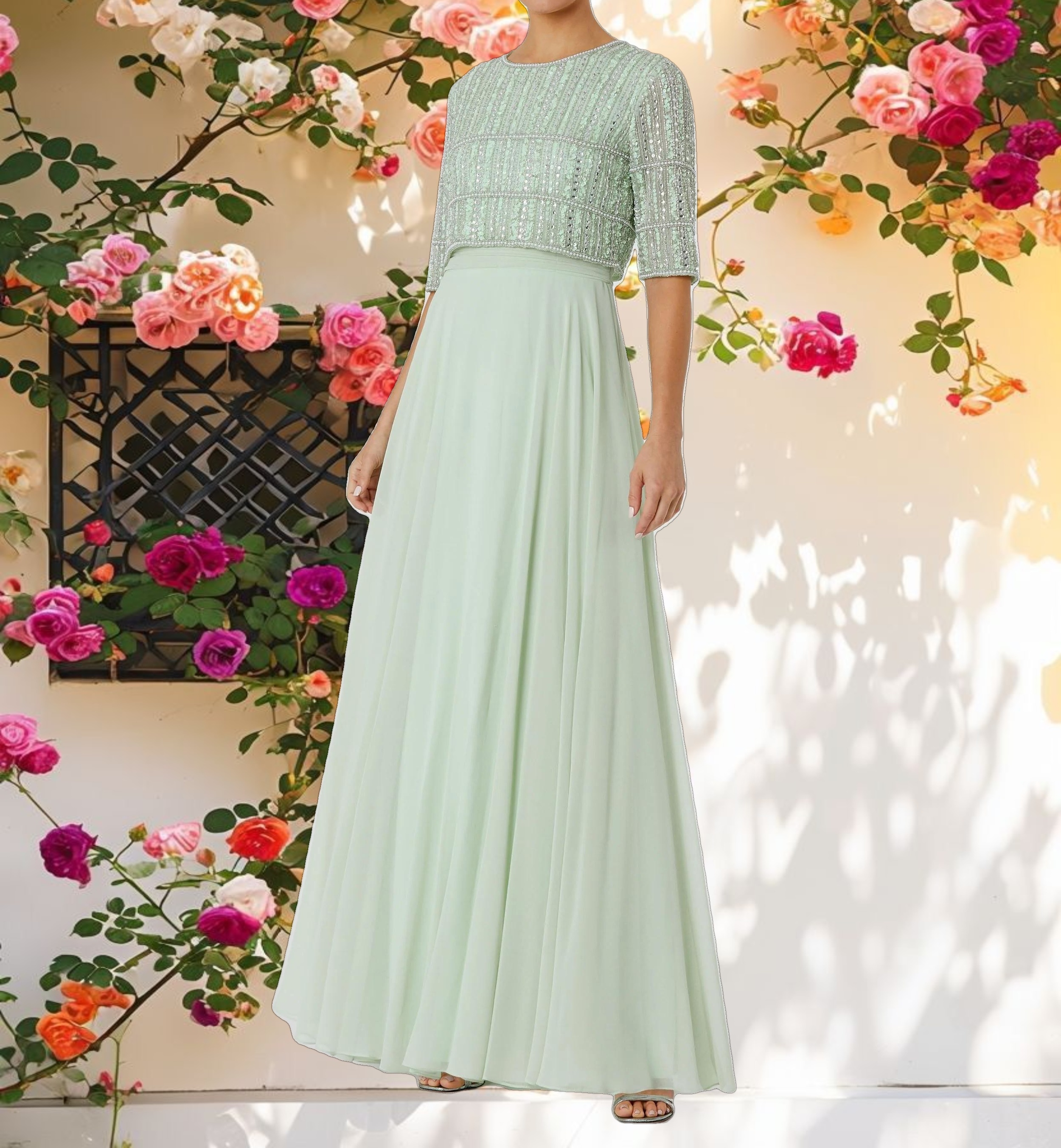 Green Chiffon Gown w/ Fully Beaded 3/4 Sleeve Top