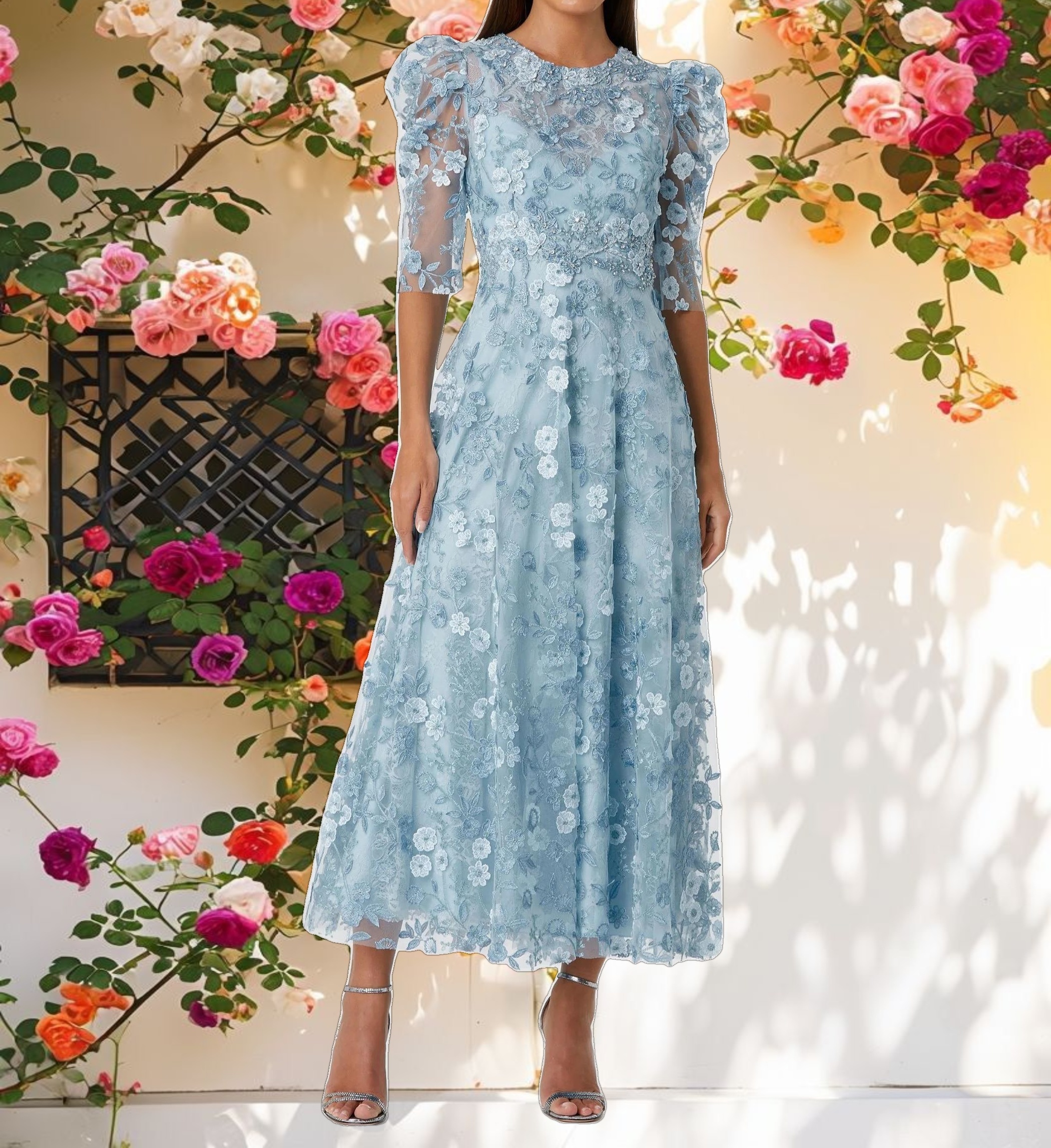 High Neck Puff Sleeve A Line Dress