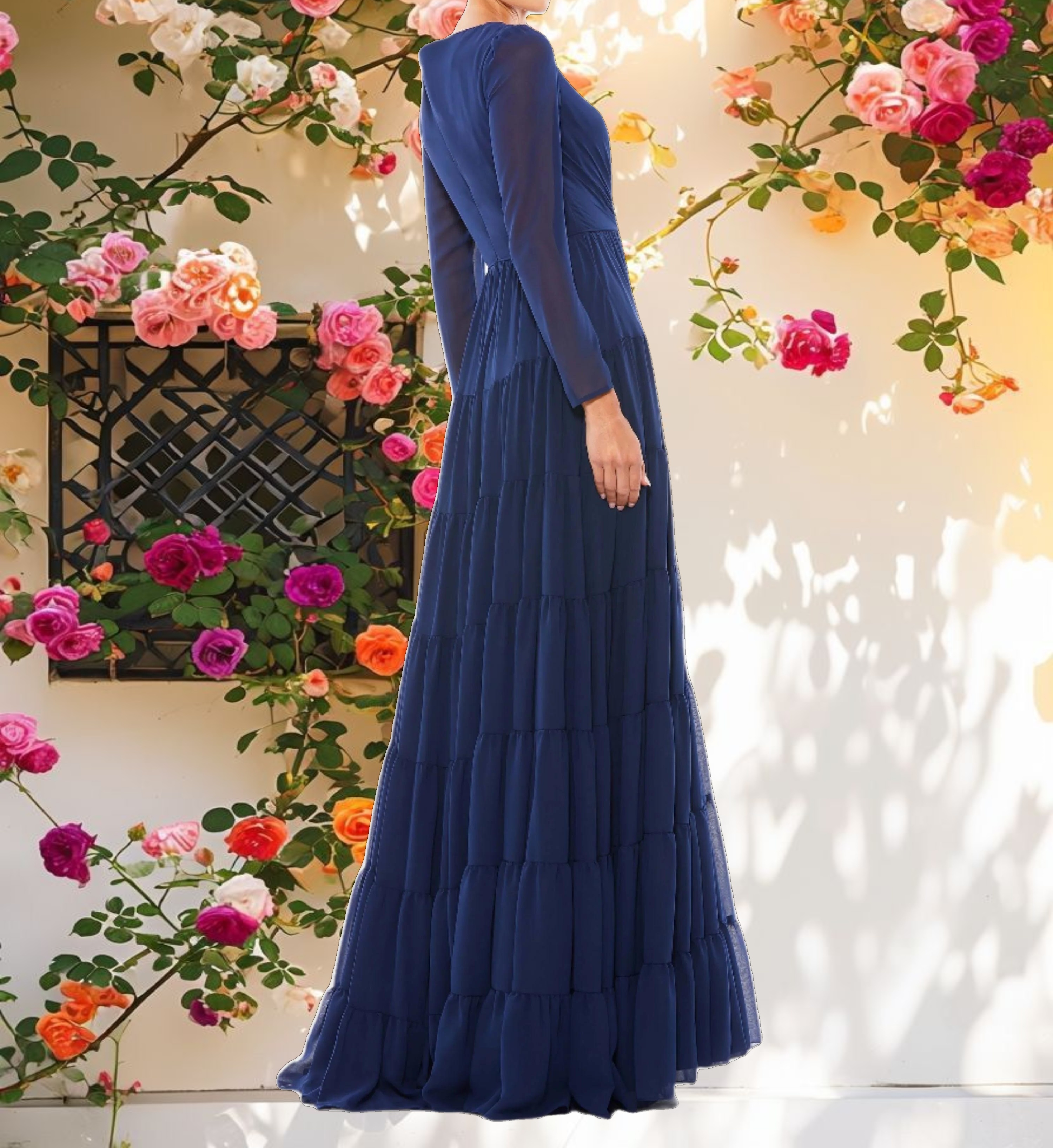 Navy Faux Wrap Illusion Long Sleeve Tiered Gown