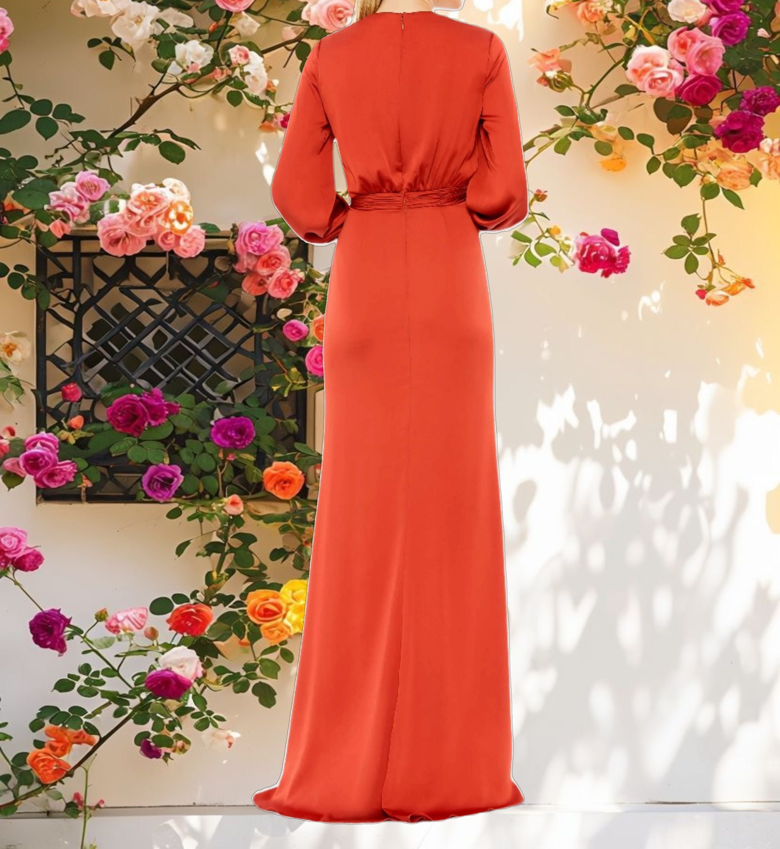 Draped Bishop Sleeve Charmeuse Gown